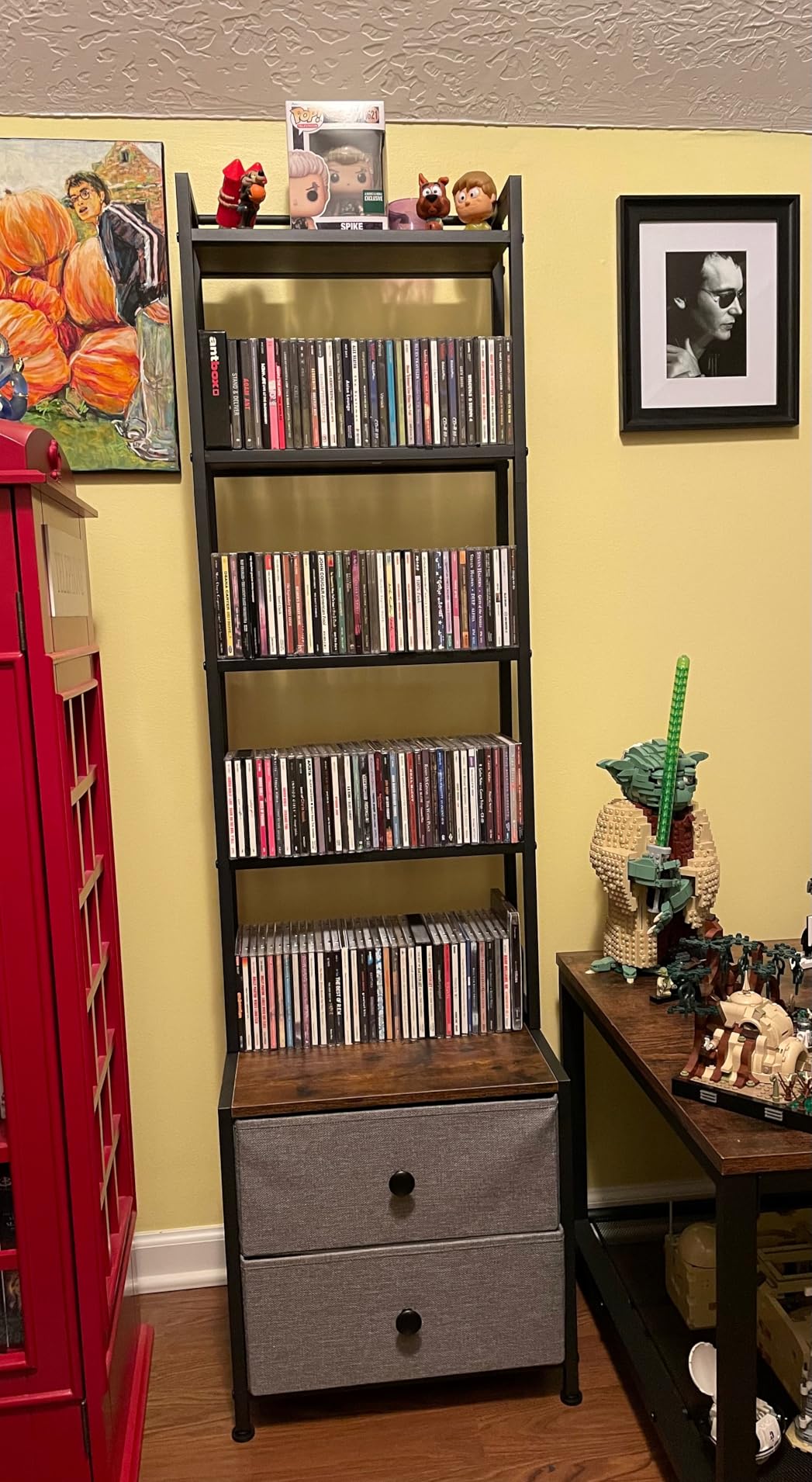 CD Storage Rack with Drawer, 5-Tier DVD Organizer Shelf w/Adjustable Book Stoppers, Media Storage Rack for CD/DVD, Books & Games, Ideal for Living Room & Home Office - 15.7x11.8x56.5Inches customer photo 2