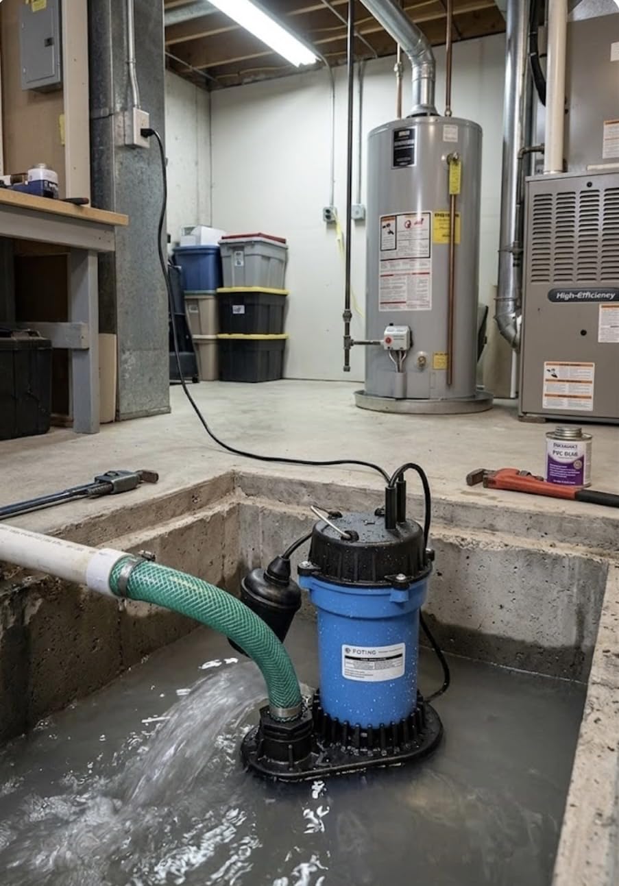 FOTING 3/4HP Submersible Sump Pump, 4500 GPH Cast Iron Sewage/Effluent Pump, Automatic Tethered Float Switch, Septic Pump for Basement, Septic Tank, Basin, Sewage Well, 1-1/2