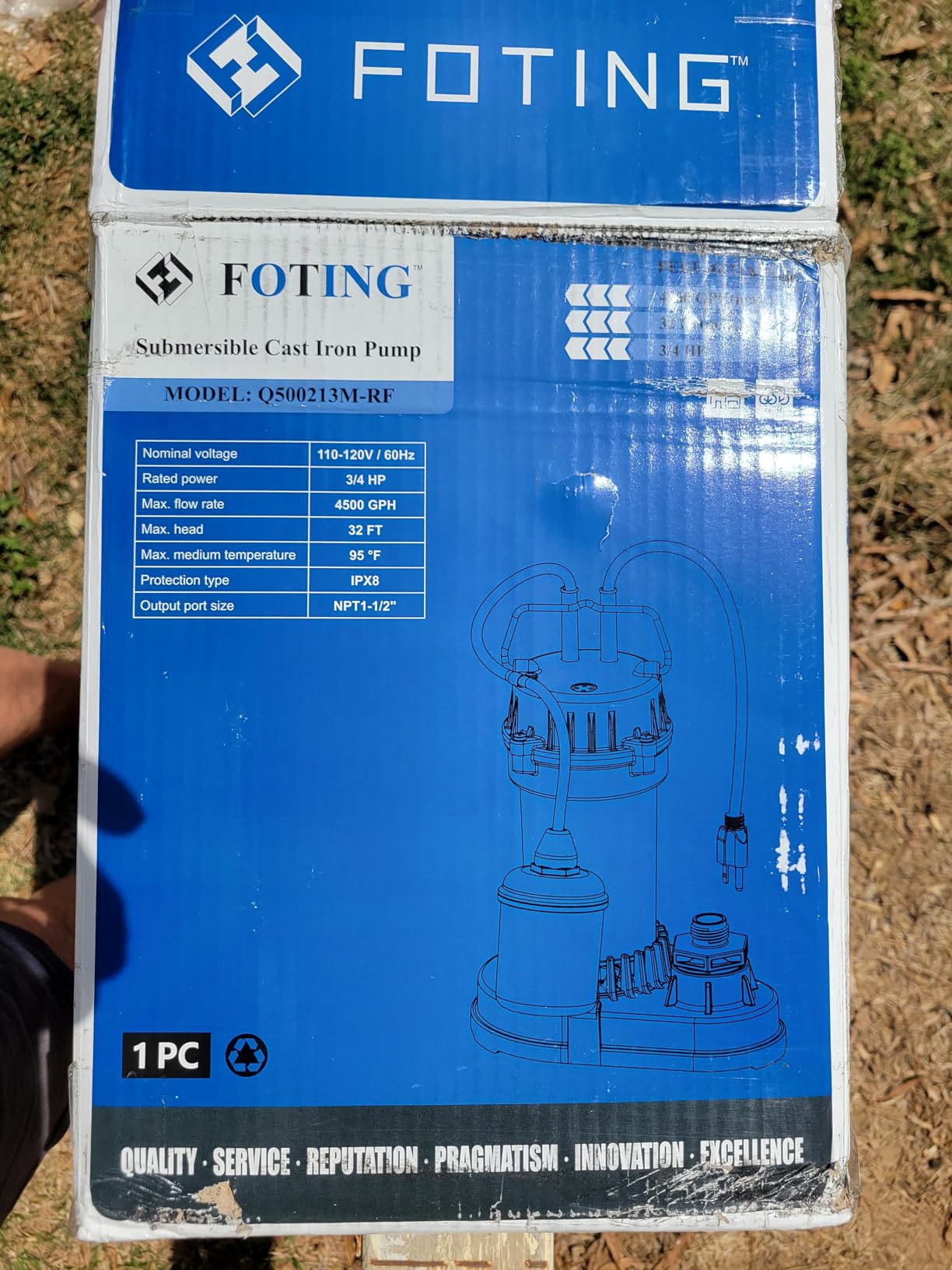 FOTING 3/4HP Submersible Sump Pump, 4500 GPH Cast Iron Sewage/Effluent Pump, Automatic Tethered Float Switch, Septic Pump for Basement, Septic Tank, Basin, Sewage Well, 1-1/2