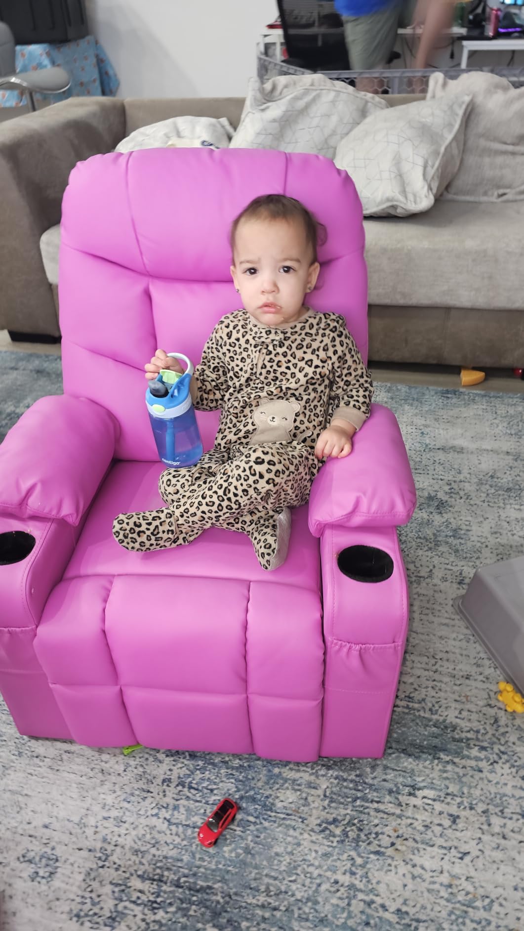 Kids Recliner Chair Velvet Reclining Toddler Push Back Big Sofa Ages 3-12 with 4 Storage Pockets, 2 Cup Holders, Adjustable Footrest customer photo 1