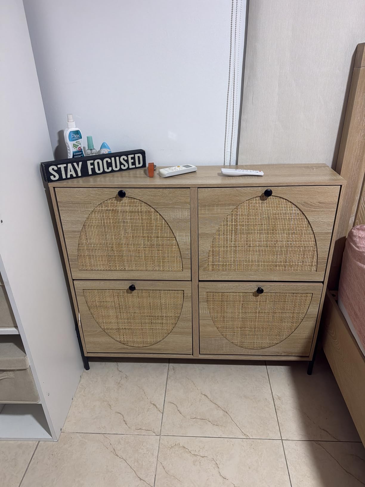 IRONCK Rattan Shoe Cabinet Storage with 4 Flip Drawers, Oak, Freestanding Shoe Storage Organizer Cabinet for Entryway, Narrow Shoe Rack Cabinet customer photo 2