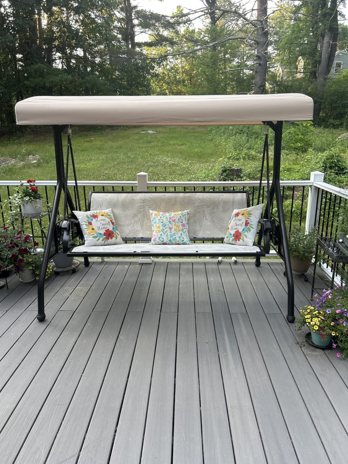 ZZW 3 Person Patio Swing Outdoor Swing for Adults with Adjustable Canopy & Upgraded Cup Holders Textilene Fabric Porch Swing Chair with Stand Heavy Duty 800 LBS customer photo 2