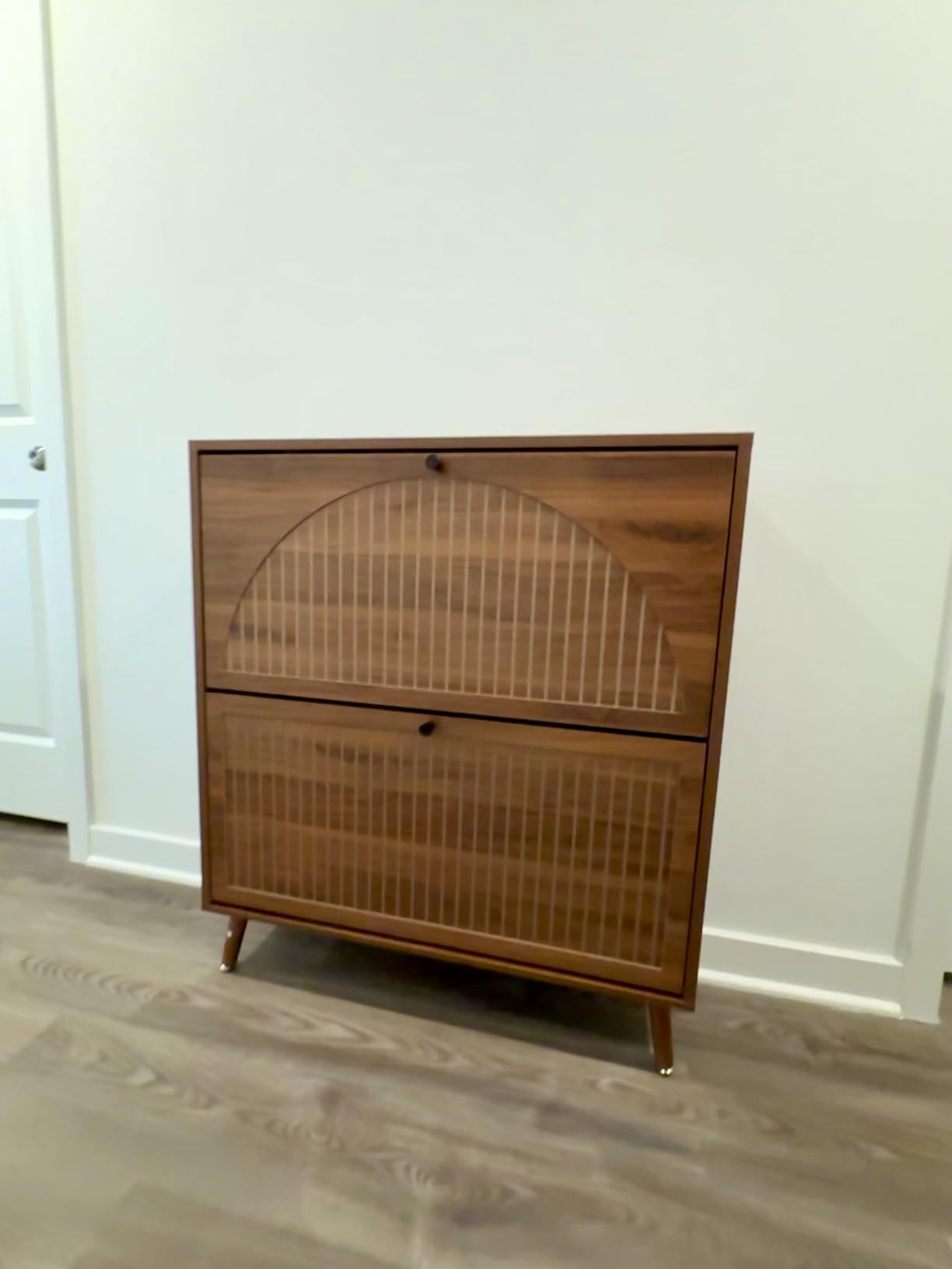 Fsbecl Shoe Storage Cabinet for Entryway with 2 Fluted Flip Drawers, Walnut, Narrow Design, Freestanding Shoe Rack with Adjustment Shelves, Wooden Hidden Organizer for Hallway Foyer, 12-16 Pairs customer photo 2