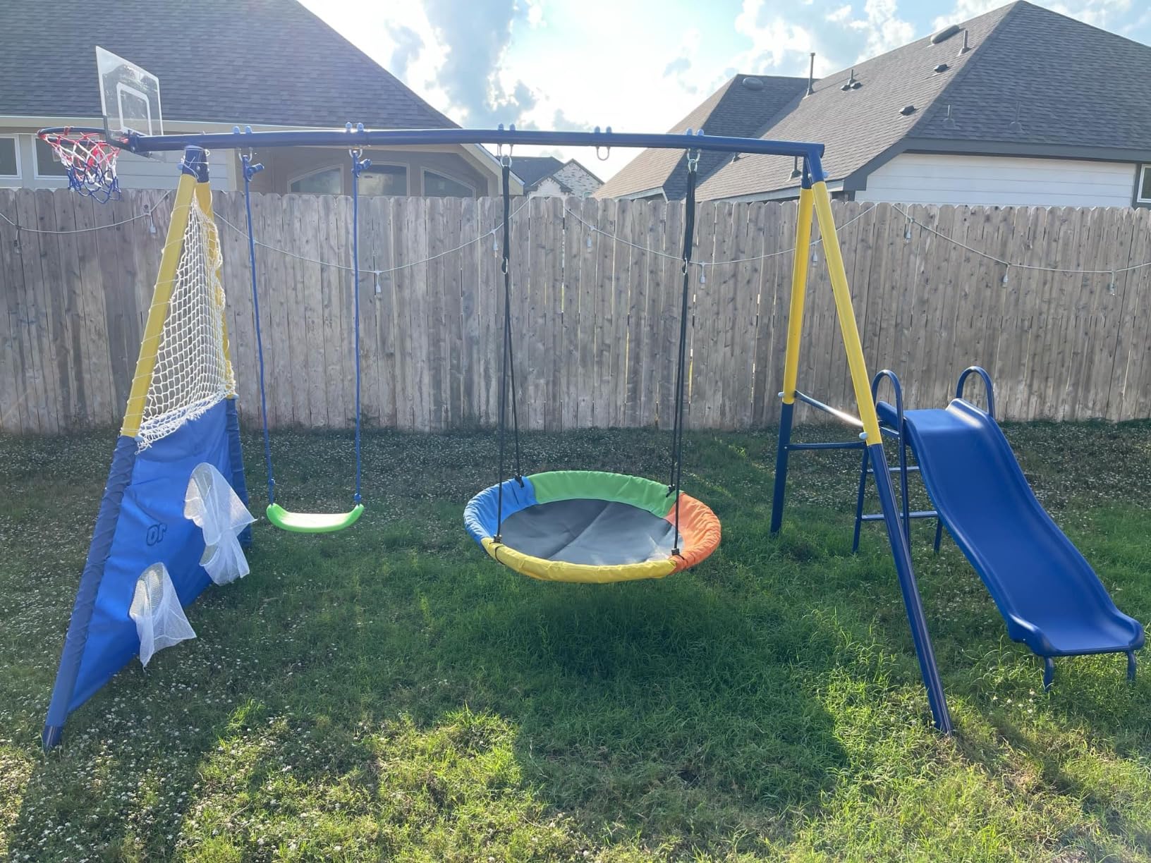 5 in 1 Kids Swing Sets for Backyard with Slide | Heavy-Duty Metal Swing Set with 39'' Saucer Hammock, Hanging Seat, Soccer Goals & Basketball Hoop, Sturdy A-Frame customer photo 1