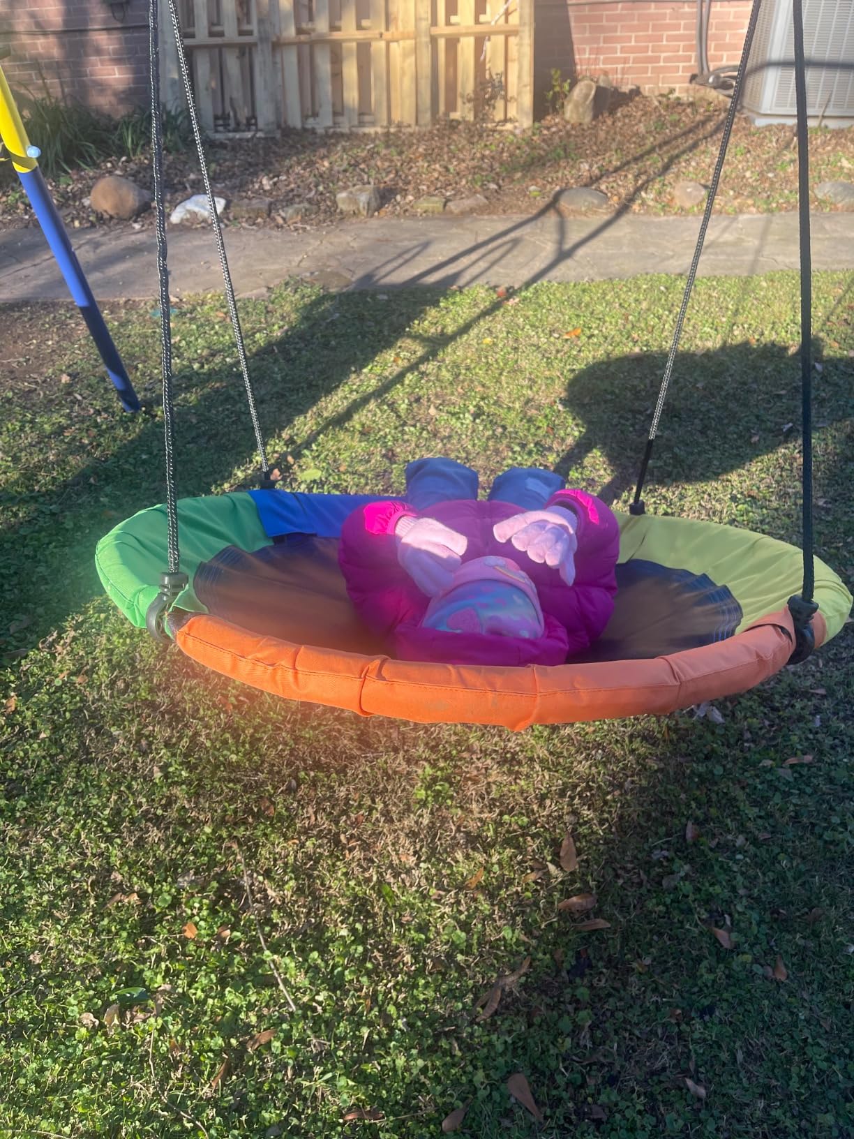 5 in 1 Kids Swing Sets for Backyard with Slide | Heavy-Duty Metal Swing Set with 39'' Saucer Hammock, Hanging Seat, Soccer Goals & Basketball Hoop, Sturdy A-Frame customer photo 2