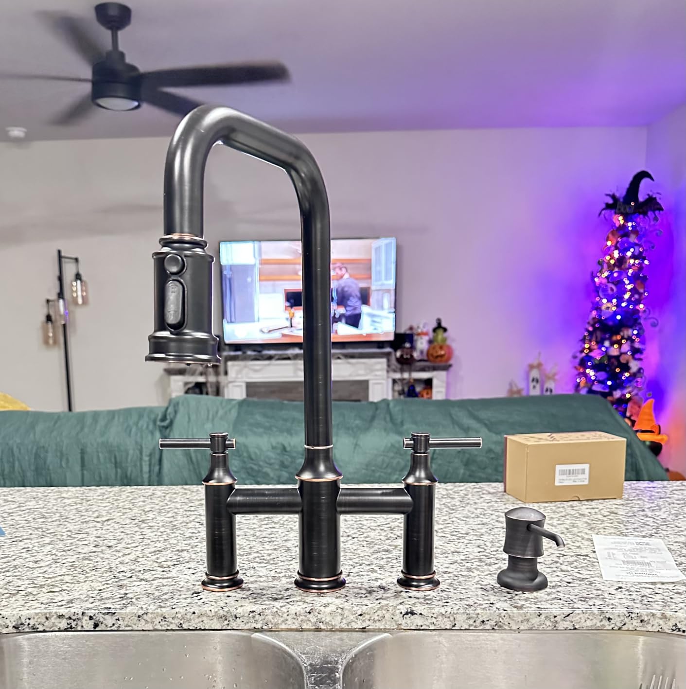 Bridge Kitchen Faucet, 3 Hole Brass Sink Faucet with Pull Down Sprayer | Two Handles, 8 Inch Centerset, High Arc Swivel Spout, Vintage Bridge Faucet for Farmhouse Kitchen customer photo 1