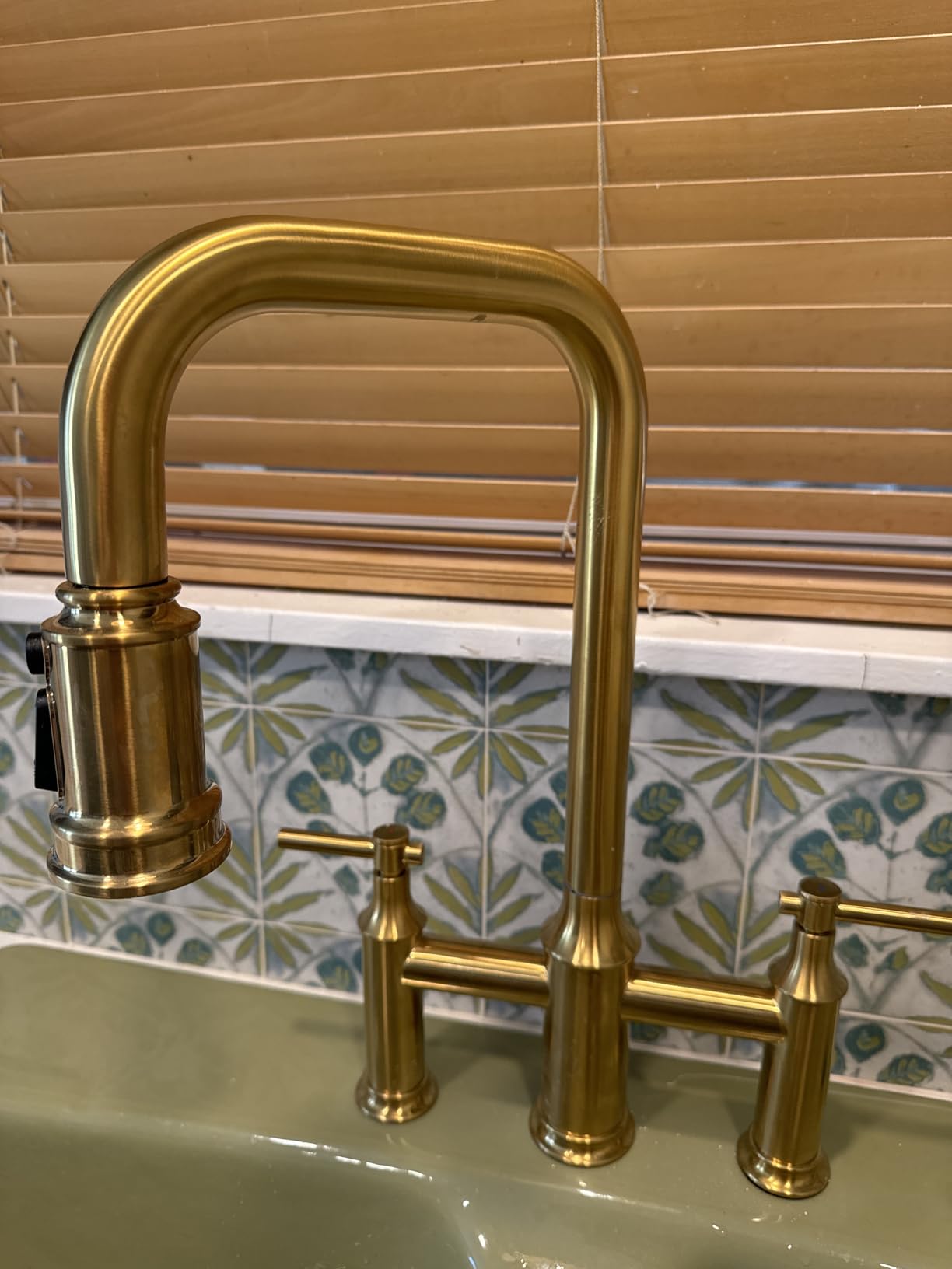 Bridge Kitchen Faucet, 3 Hole Brass Sink Faucet with Pull Down Sprayer | Two Handles, 8 Inch Centerset, High Arc Swivel Spout, Vintage Bridge Faucet for Farmhouse Kitchen customer photo 2