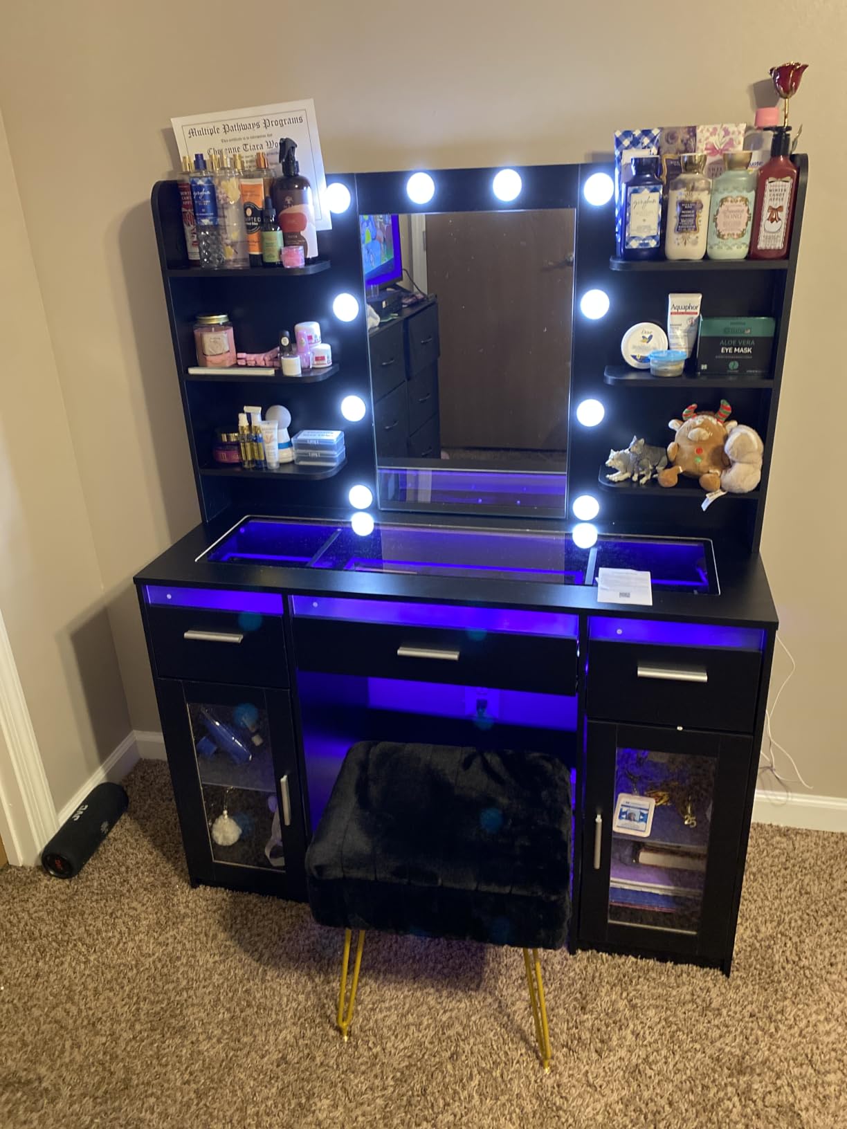 HUAHUU Vanity Desk, Makeup Vanity Desk with Mirror and Lights 3 Colors, Transparent Top with 3 RGB Drawers, 6 Shelves, 2 Large Tempered Cabinets, Power Outlet, for Bedroom, White customer photo 1