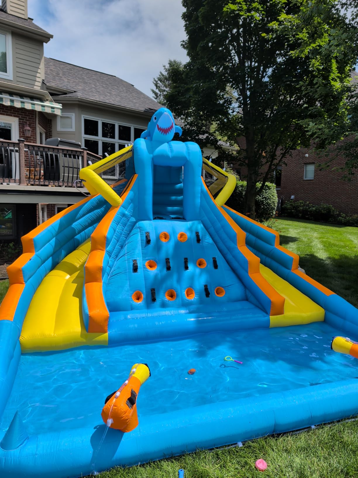 Inflatable Water Slide, 5-in-1 Round Pool Water Park with Blower | 5-in-1 Round Pool, 370W blower. For kids; long slide, wall, pool, cannon and spray spout. Made for backyard water play. customer photo 1