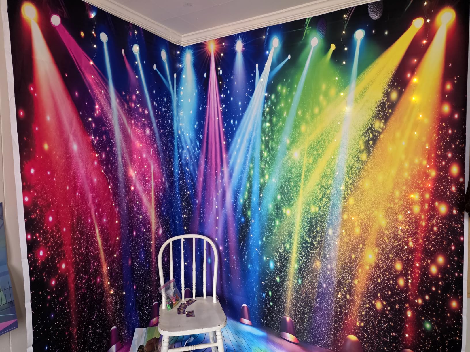 7x5ft Fabric Disco Rainbow Stage 70s 80s 90s Backdrop Vintage Lights Photography Background Rock Music Club Neon Glow Party Decorations Photo Banner 312 customer photo 1