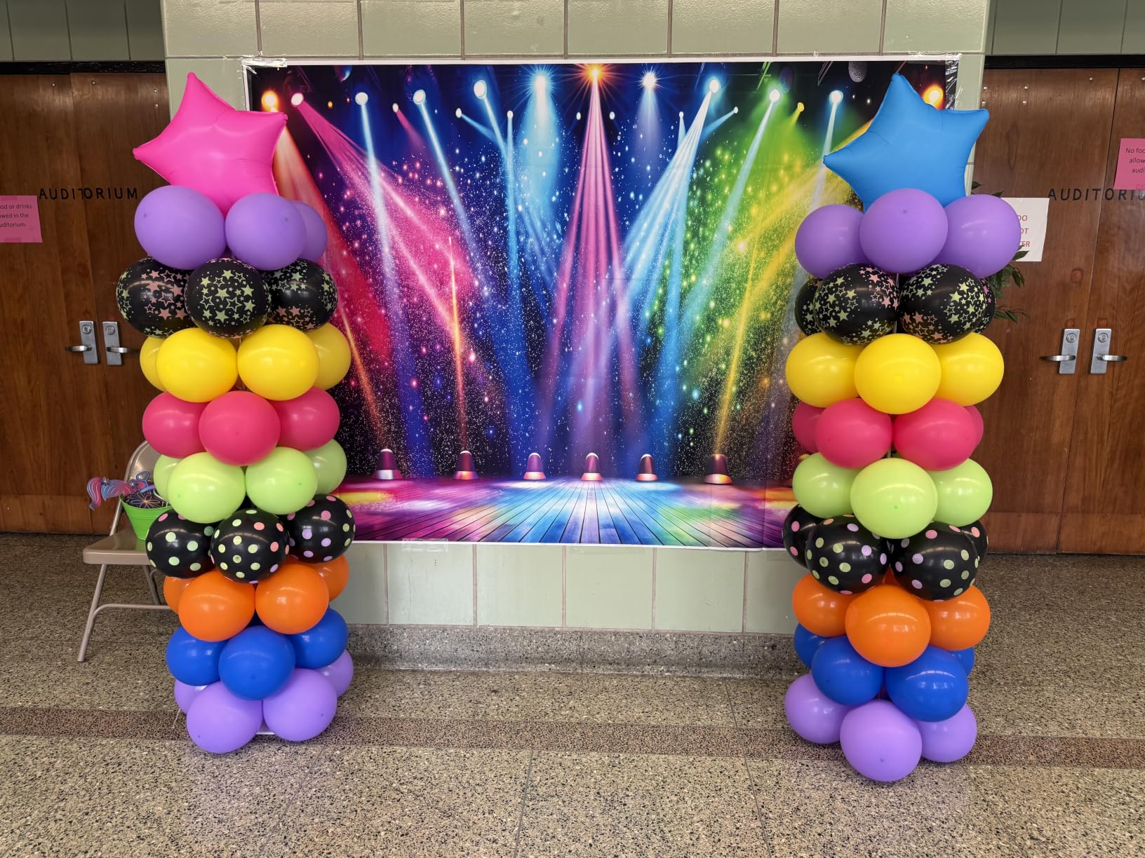 7x5ft Fabric Disco Rainbow Stage 70s 80s 90s Backdrop Vintage Lights Photography Background Rock Music Club Neon Glow Party Decorations Photo Banner 312 customer photo 2