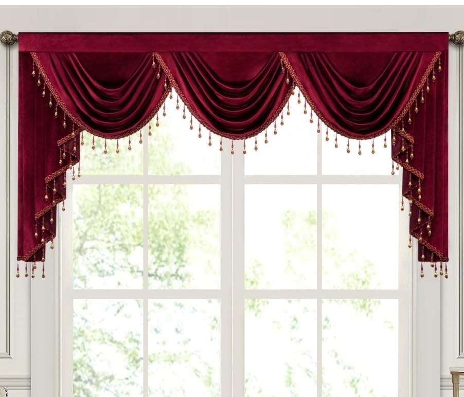 Leeva Victorian Blue Velvet Waterfall Valance, Extra Wide Swag Curtain with Tassels, Luxury European Window Drapes for Bay Windows & Living Room, 79