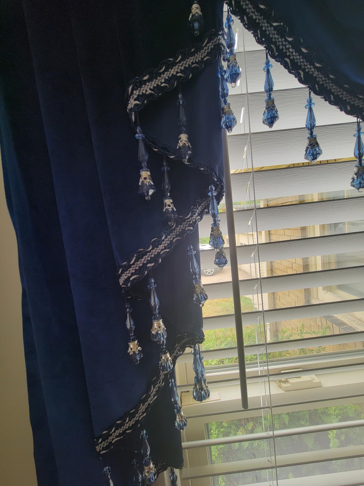 Leeva Victorian Blue Velvet Waterfall Valance, Extra Wide Swag Curtain with Tassels, Luxury European Window Drapes for Bay Windows & Living Room, 79