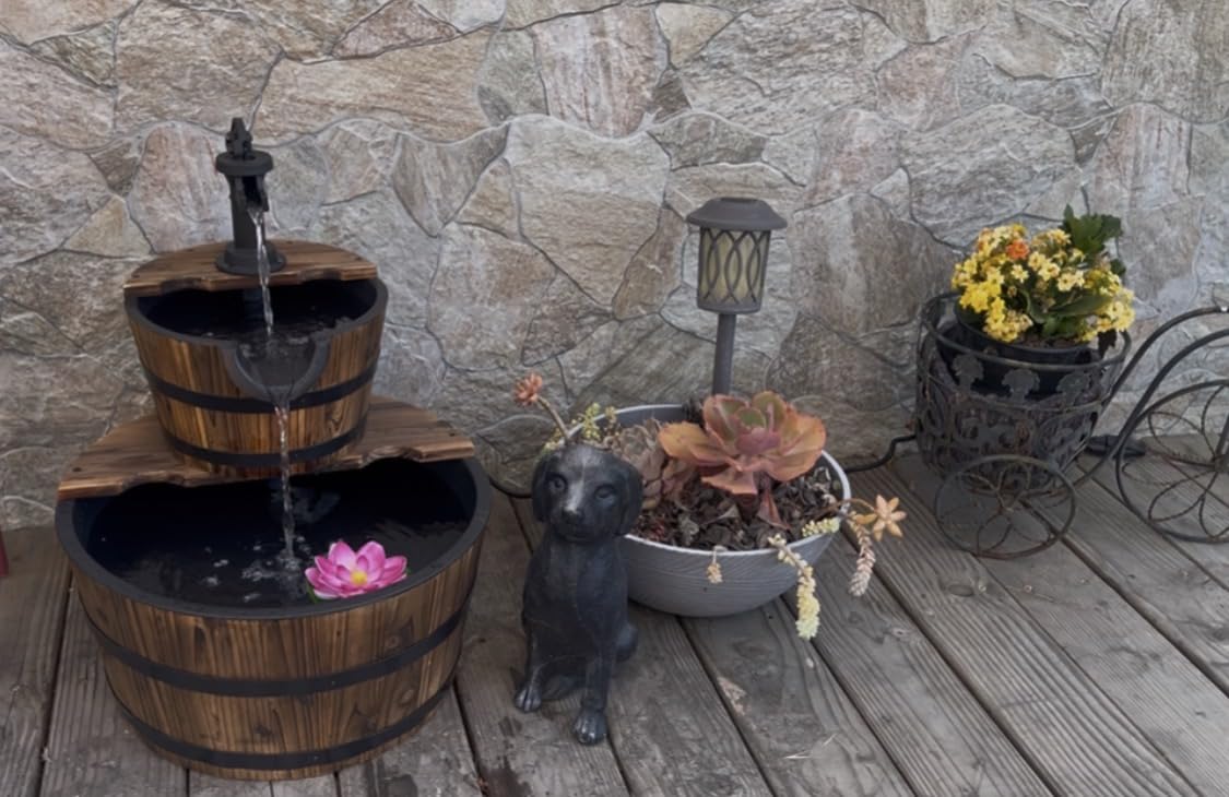 Aoxun 3-Tier Outdoor Water Fountain | Wood Barrel Cascading with Electric Decorative Hand Pump, Rustic Waterfall Fountain for Garden, Backyard, Patio, Porch, Yard customer photo 1
