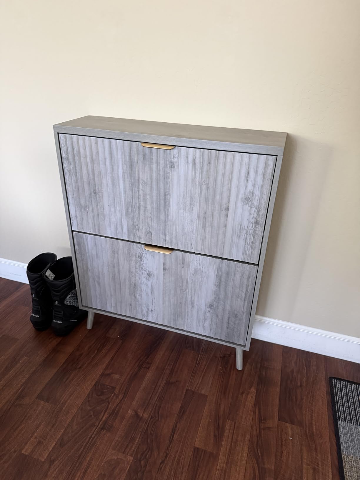 Shoe Cabinet Storage, Modern Freestanding Organizer with 2 Flip Drawers, Narrow Shoe Rack for Entryway, Walnut customer photo 1