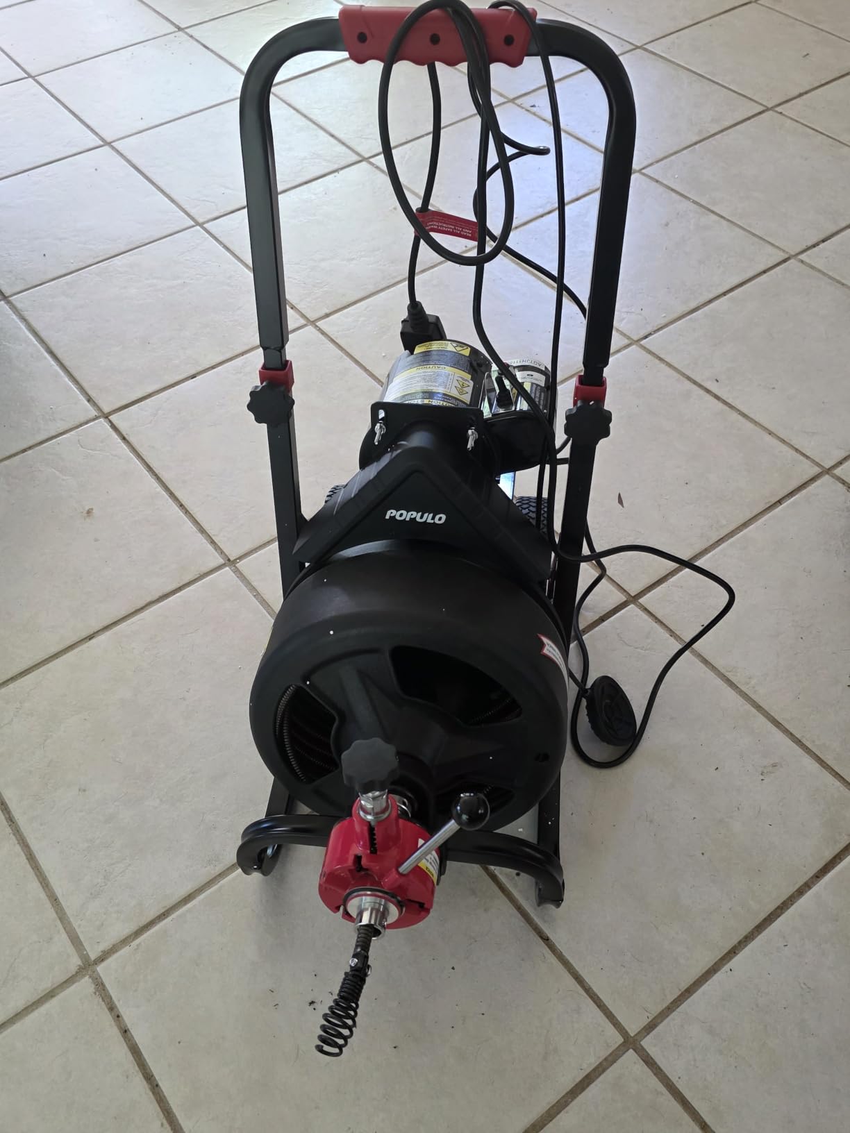 POPULO 100 ft x 1/2 inch Auto Feed Electric Drain Snake Auger for 2 to 4 Inch Pipes, Heavy Duty Drain Cleaner Machine with 8 Cutters & 1 Root Killer & Gloves customer photo 1