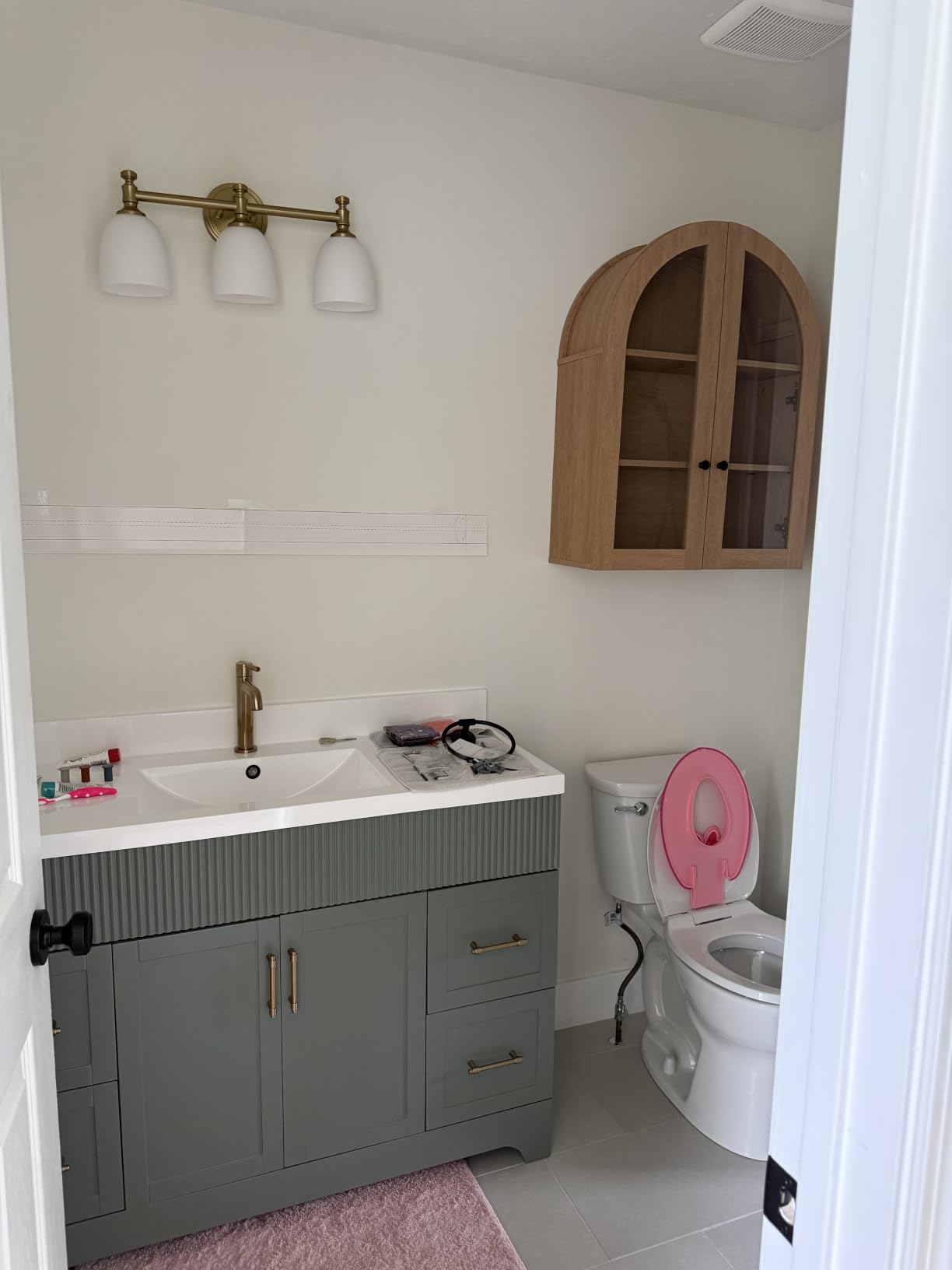 Bathroom Arched Wall Cabinet Over The Toilet Storage Cabinet, 23.5x31.4 Inch bathroom cabinet wall mount with Glass Doors & Adjustable Shelves, Wood Cabinet for Laundry Room, Kitchen, Natural oak customer photo 1