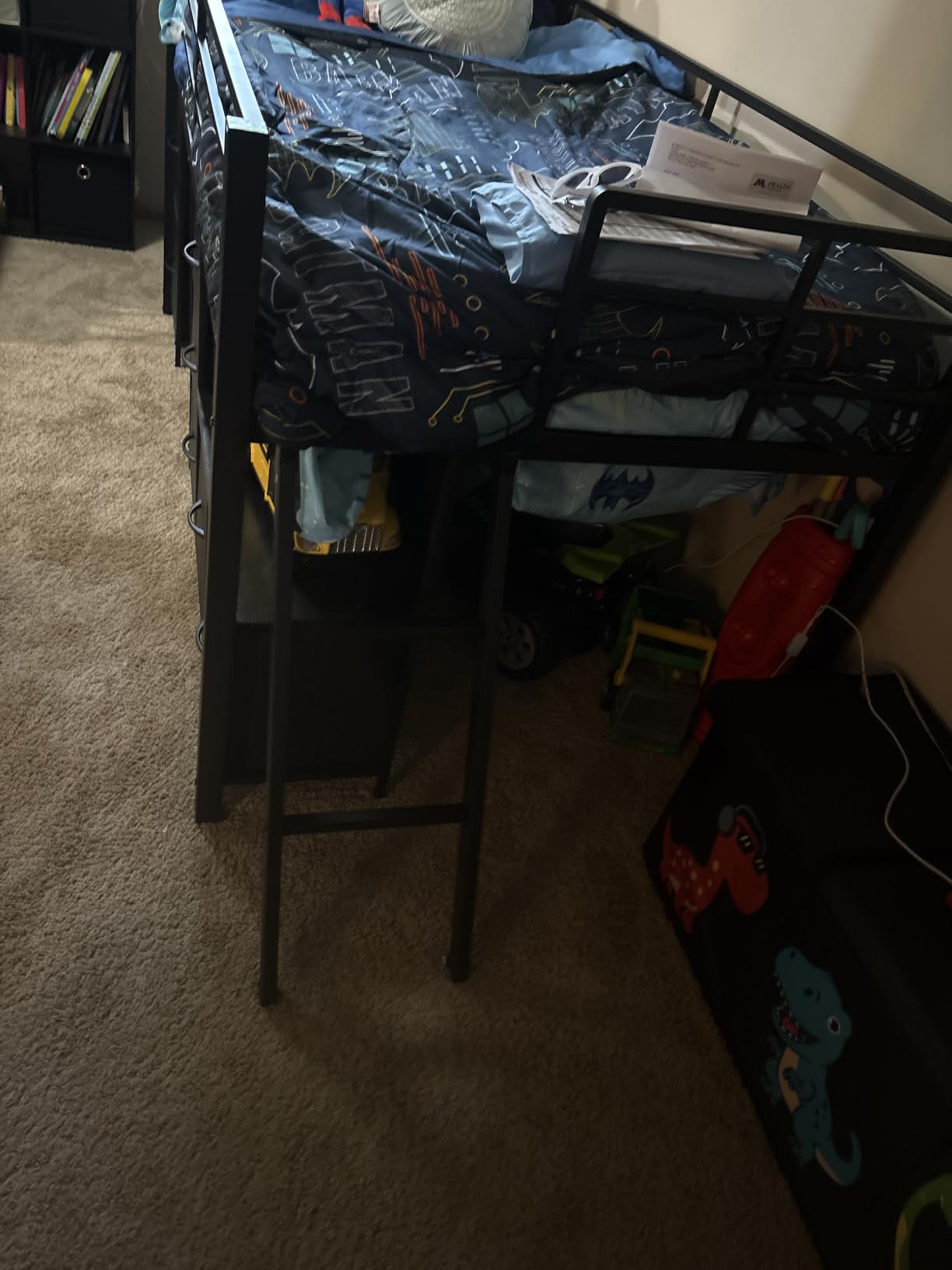ADORNEVE Kids Low Loft Bed Twin Size with 7 Drawers, Bookcase, LED Lights | Black Metal Loft Bed with 14