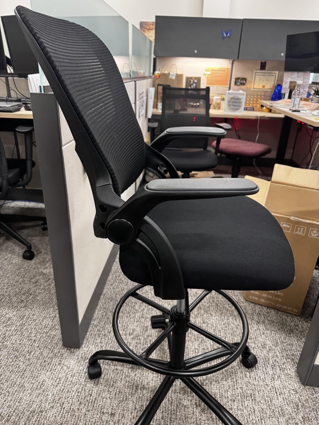 Sweetcrispy Ergonomic Tall Drafting Chair, High Office Desk Chair - Comfy Lumbar Support, Adjustable Height, Footrest, Fixed Arms, Counter, Dark Black customer photo 1