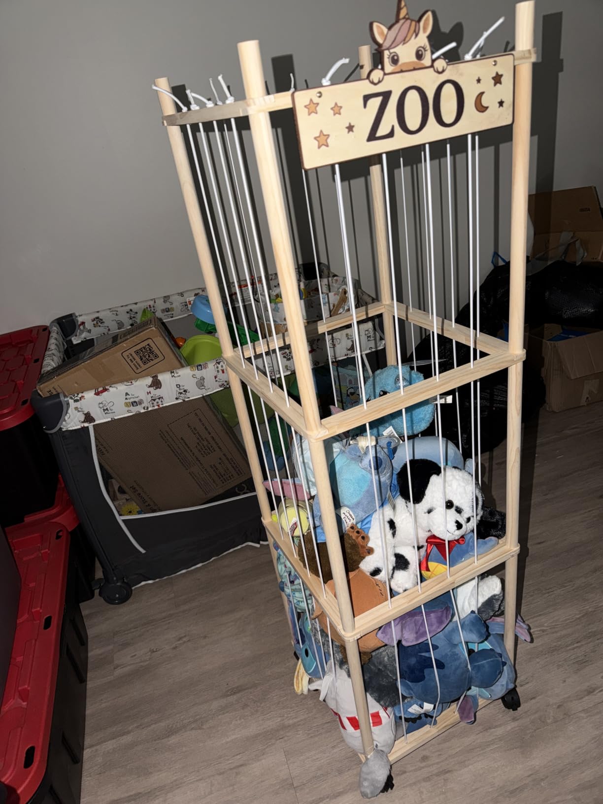 Stuffed Animal Storage Zoo Tower, 56In Wooden Large Stuffed Animal Holder Organizer with Wheels, Stuffy Plushies Storage with Elastic Band & Mesh Bottom, Toy Storage Organizers for Playroom Bedroom Nursery customer photo 2
