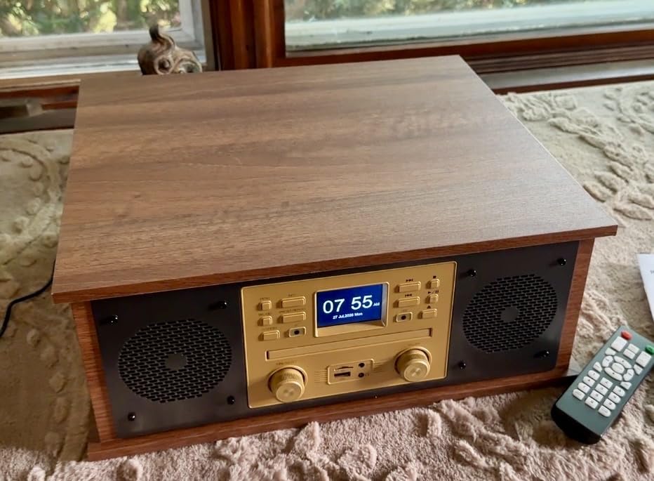 10-in-1 Vintage Record Player Multimedia Center with Built-in Stereo Speakers, CD Player, All in One 3-Speed Vinyl Turntable, Internet Radio, Clock, USB Recording, RCA Out, Walnut customer photo 1