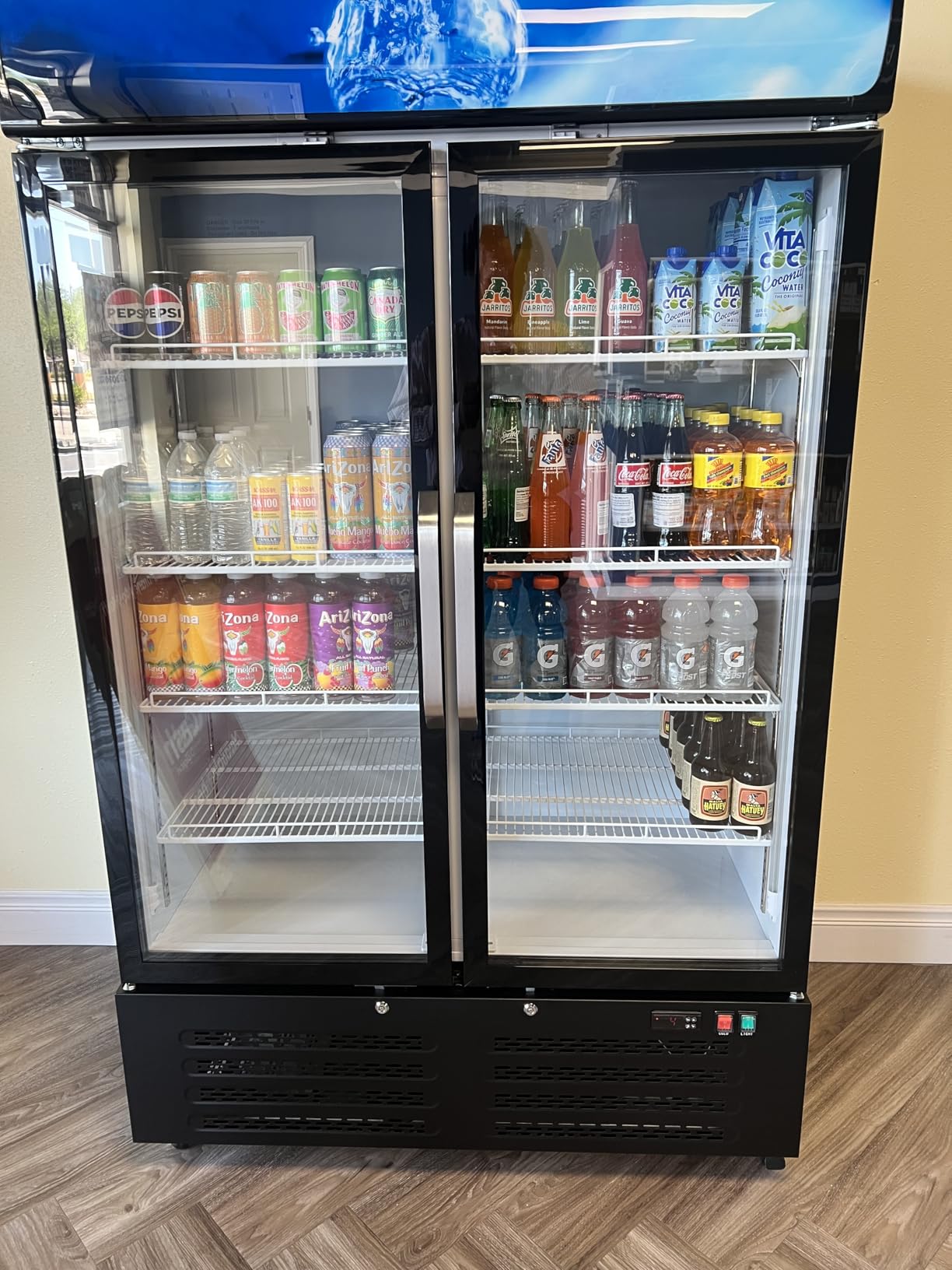 ETL & DOE Certified Commercial Beverage Refrigerator, 2 Glass Doors | 28 Cu. Ft. Display Refrigerator, Auto Defrost, 4 Adjustable Shelves, LED Lightbox for Stores and Restaurants customer photo 1