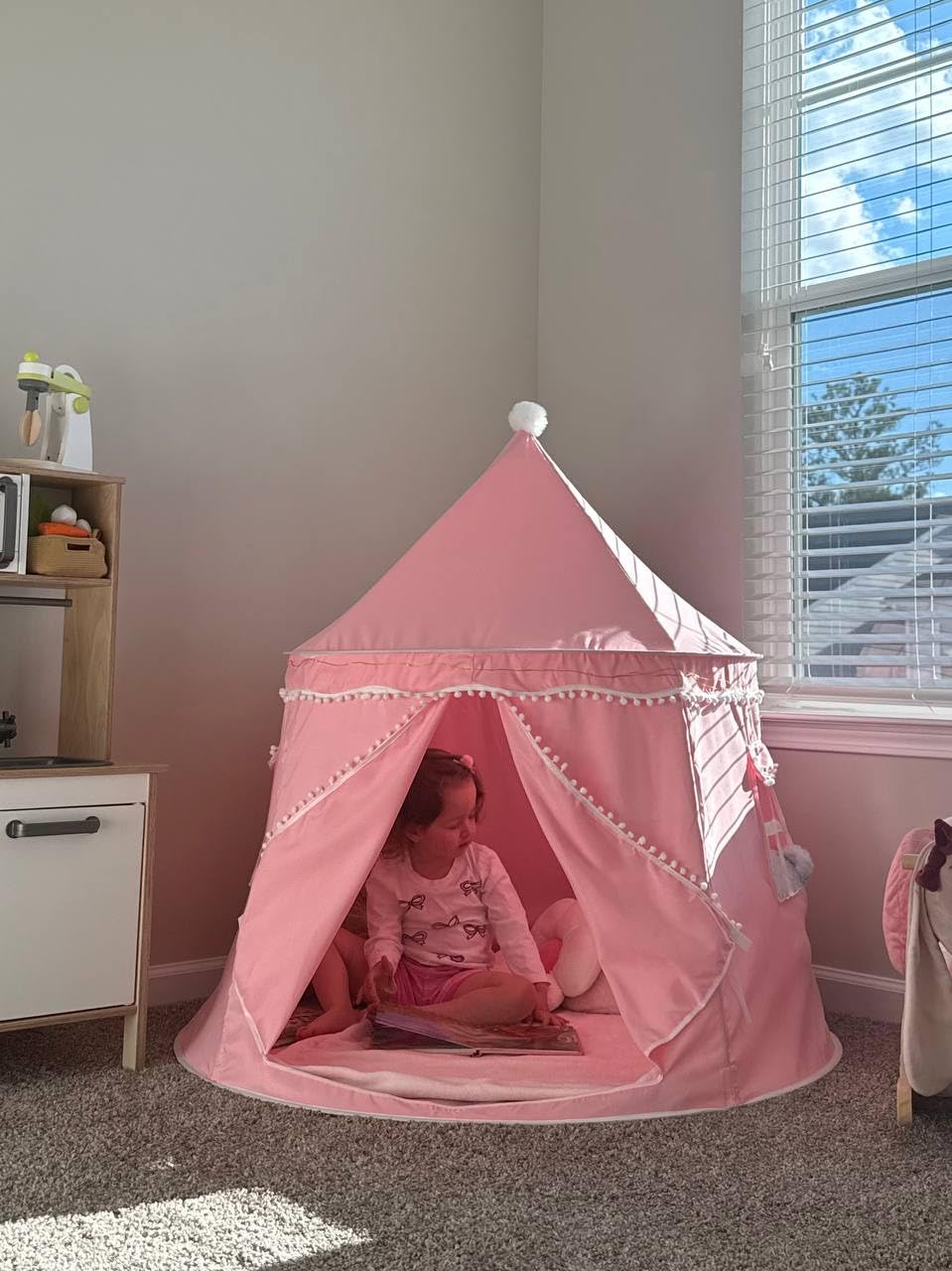 Play Tent with Padded Mat, Star Lights and Flags, Large Playhouse Kids Castle Tents, Indoor Outdoor Game Tent, Portable Children Yurt Tents, Gift for Boys & Girls, 47''x45'', Cream customer photo 2