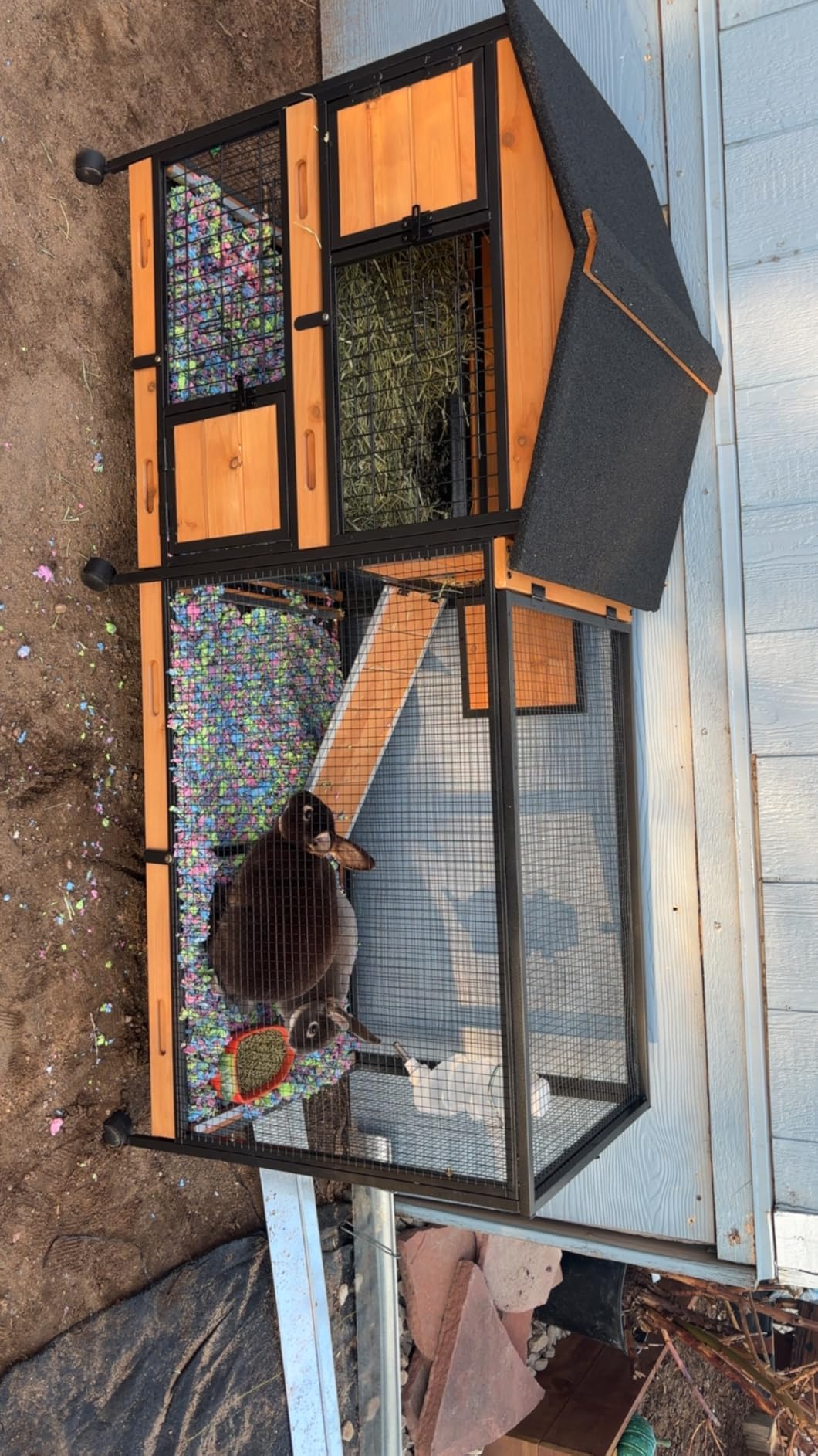 GUTINNEEN Large Rabbit Hutch Outdoor 2-Level Wooden Chicken Coop Indoor Weatherproof Bunny Cage Guinea Pig House with Waterproof Roof, Leak-Proof Pull Out Tray, Lockable Door (Grey) customer photo 2