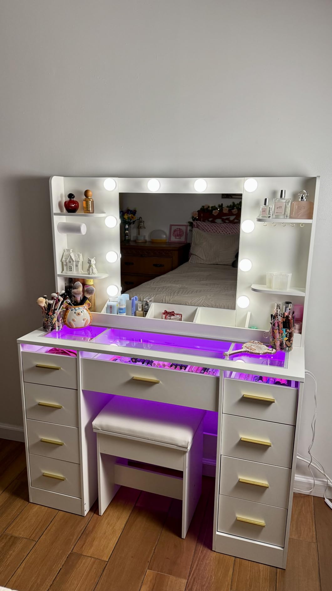 ANWBROAD Large Vanity Desk with Mirror and Lights & Transparent Glass Top | 3 Colors Makeup Vanity Table Set with 9 RGB Drawers, Power Outlet, White Vanity Stool and 4 Shelves for Bedroom Women UBDT94W customer photo 2
