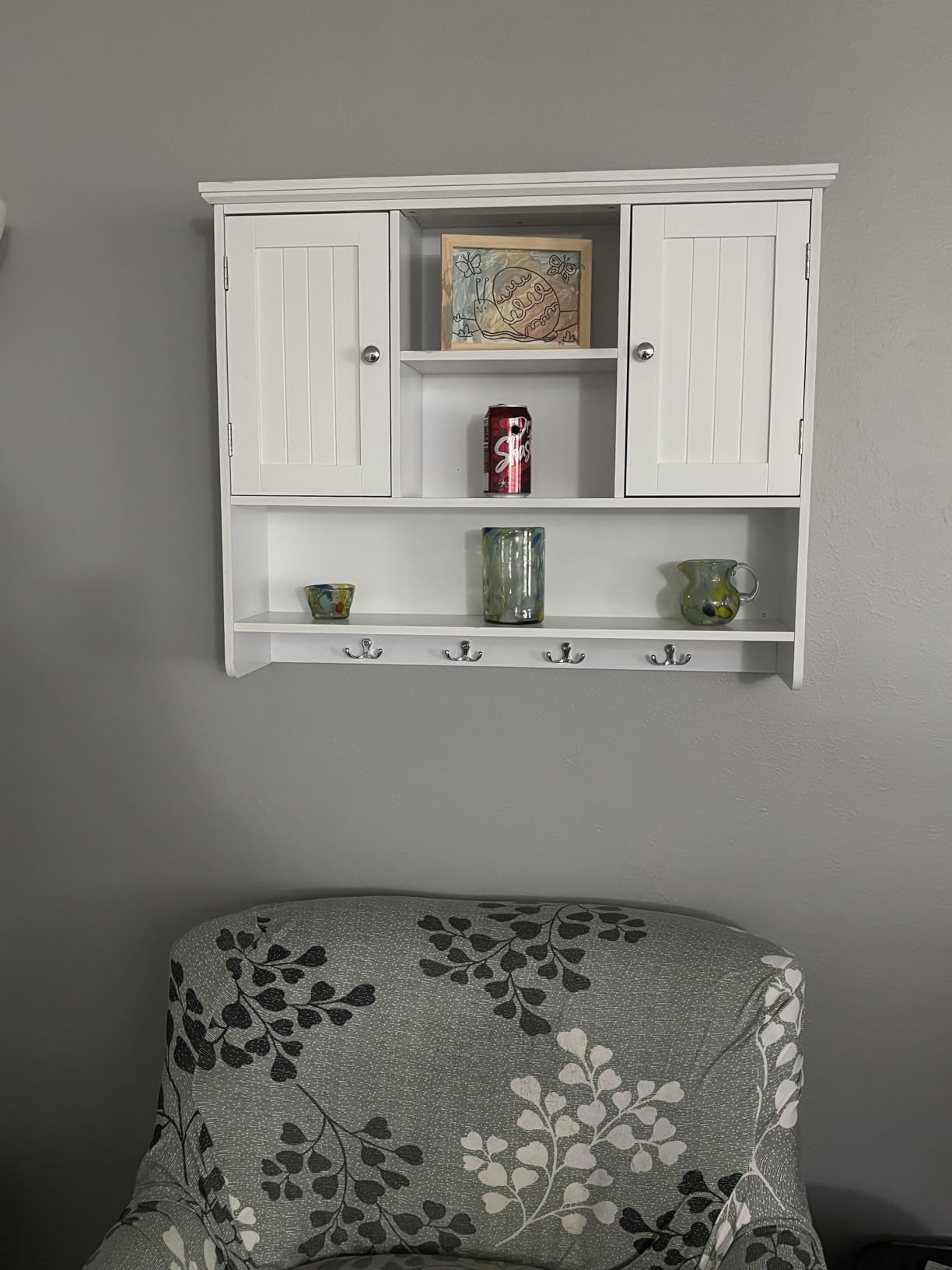 Bathroom Wall Cabinet with Doors and Hooks, 3-Tier Wall Mounted Cabinet | Modern Medicine Cabinet with 3 Open Shelves, Over the Toilet Storage Cabinet for Kitchen, Laundry Room, Living Room, White customer photo 1