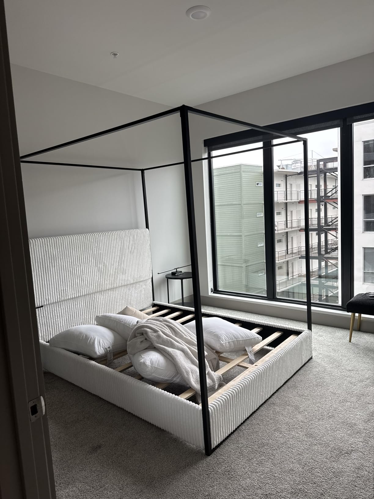 Queen Size Metal Canopy Bed Frame, Upholstered Platform Bedframe with Tall Headboard and Four Poster, Modern Luxury Corduroy Low Profile Bed Frames, No Box Spring Needed/Minimalism, Beige Gold customer photo 1