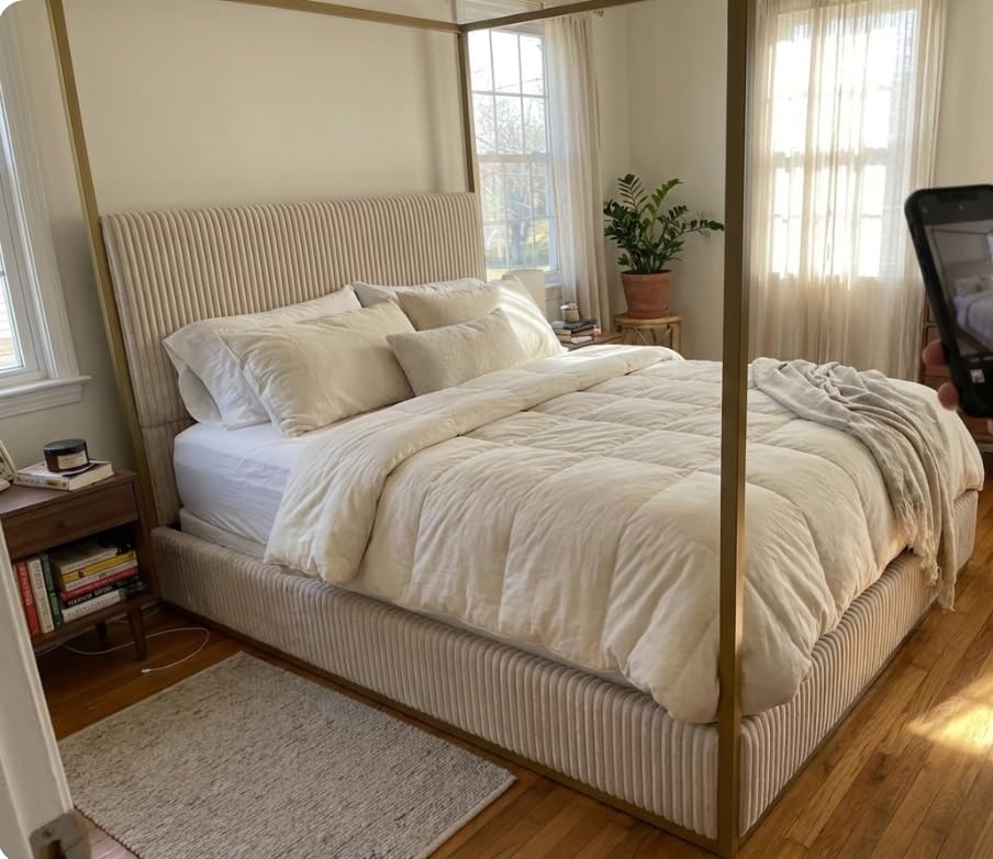 Queen Size Metal Canopy Bed Frame, Upholstered Platform Bedframe with Tall Headboard and Four Poster, Modern Luxury Corduroy Low Profile Bed Frames, No Box Spring Needed/Minimalism, Beige Gold customer photo 2