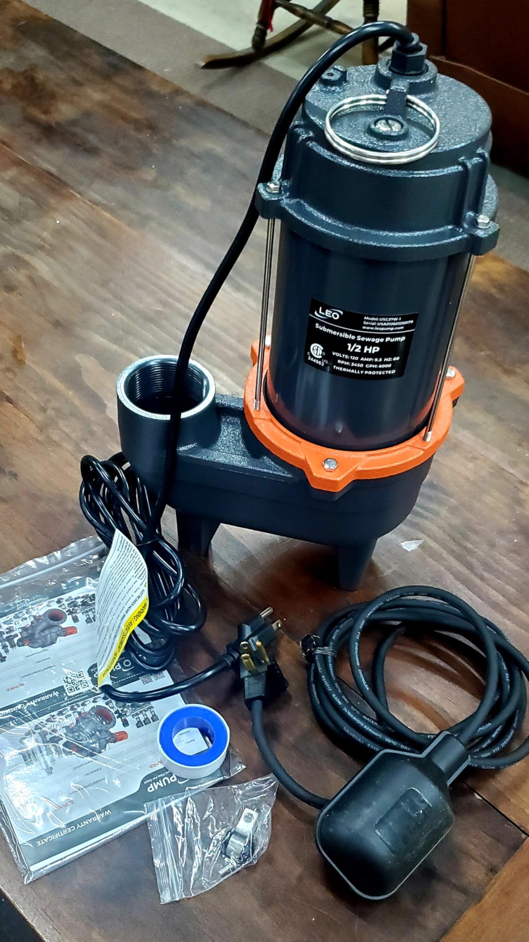 LEO 1/2 HP Sewage/Effluent Pump, 6000 GPH Submersible Basement Sewer Pump with 10ft Auto Float Switch, Cast Iron Sump Ejector, 2'' NPT for Sewage Basin, 115V customer photo 2
