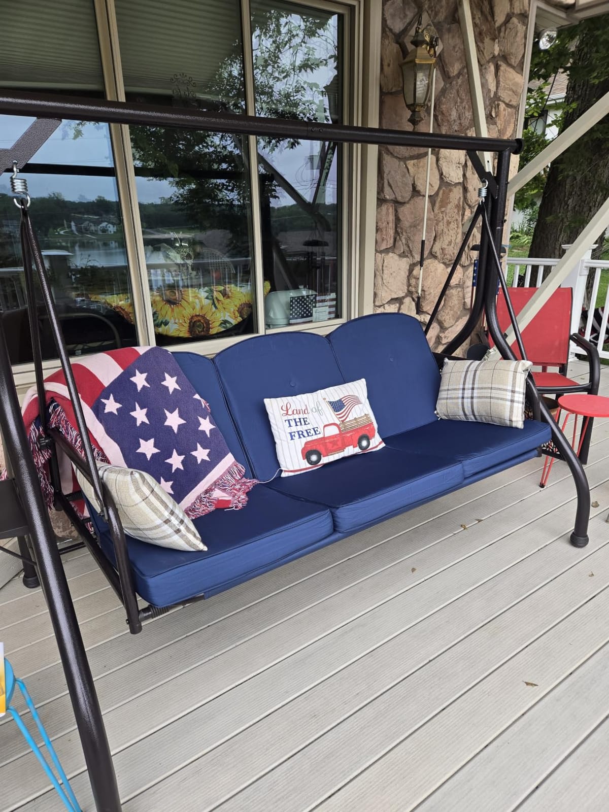 3 Seat Outdoor Patio Porch Swing with Stand and Adjustable Canopy | 3 in 1 Chair Swing Bed, 180° Recline, Heavy Duty, Removable Waterproof Cushions, Pillows, Cup Holders, Yard Swing Bench customer photo 1