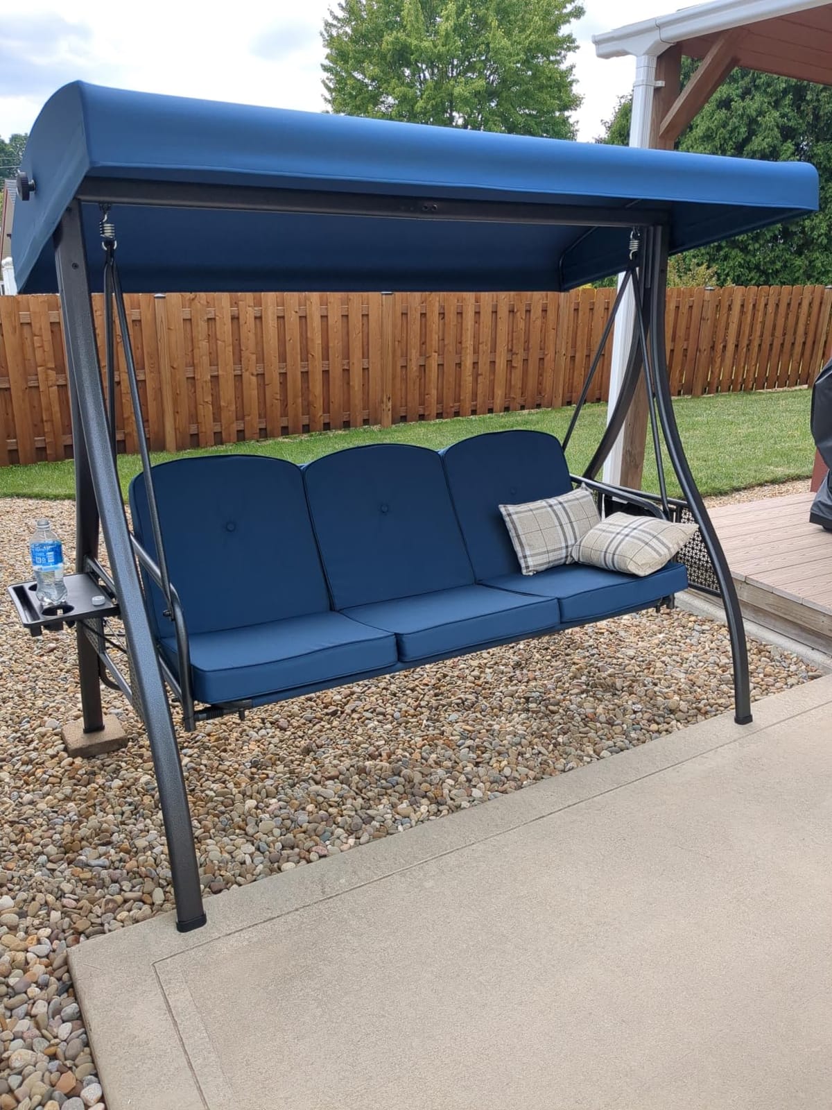 3 Seat Outdoor Patio Porch Swing with Stand and Adjustable Canopy | 3 in 1 Chair Swing Bed, 180° Recline, Heavy Duty, Removable Waterproof Cushions, Pillows, Cup Holders, Yard Swing Bench customer photo 2