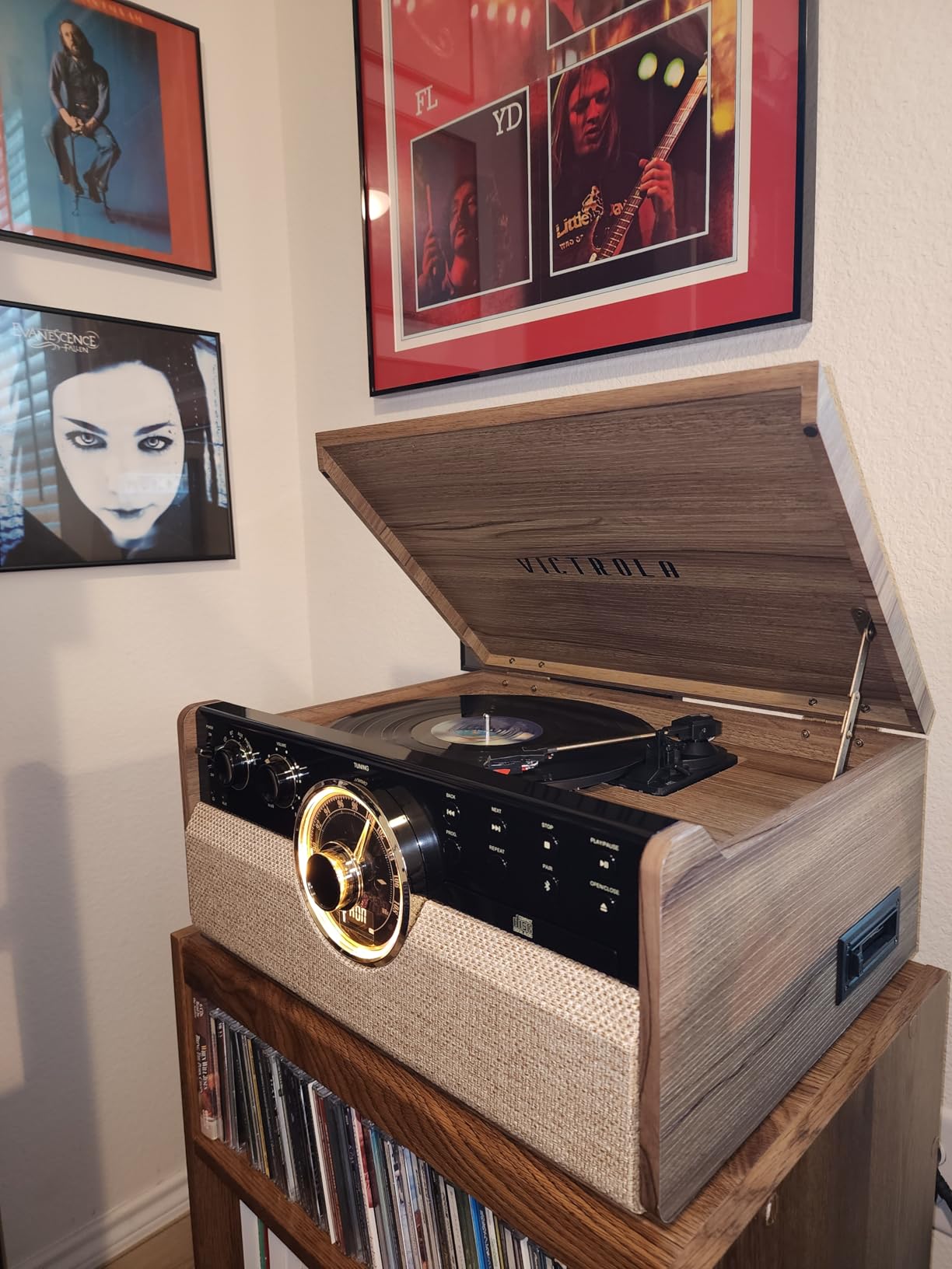 Victrola Empire - Wood 6-in-1 Bluetooth Record Player - Walnut | Mid-century wood music center plays vinyl, CD, cassette, FM radio and aux, built-in stereo speakers, RCA out, headphone jack customer photo 2
