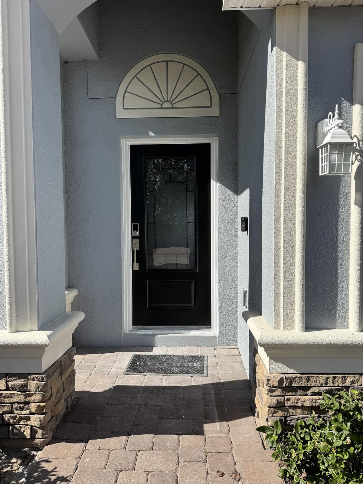 36x80'' Exterior Front Fiberglass Door with 4-9/16in Vinyl Frame RH Inswing | 3/4 View Wrought Iron Glass, Black Textured Finish, Brickmould Included, PU Foam Core, Knock-Down Design customer photo 2