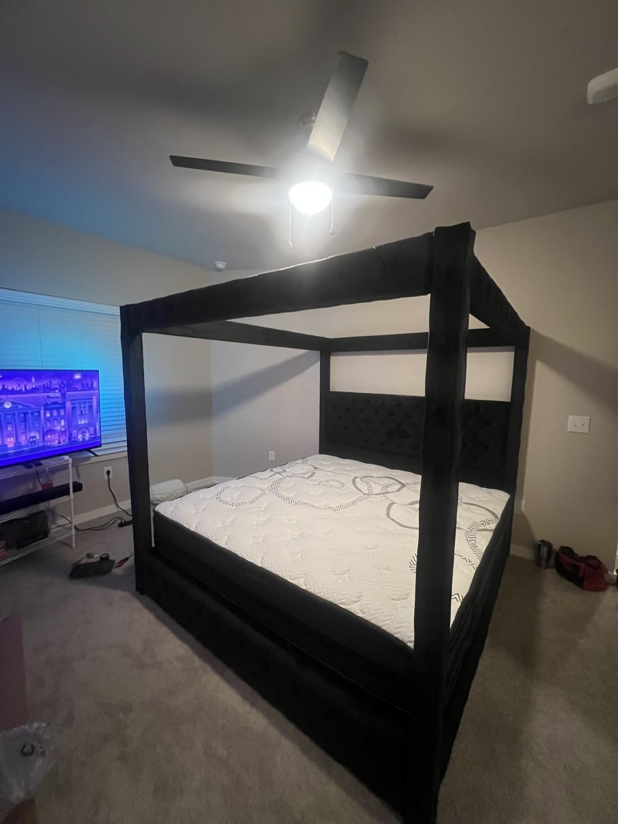 Jocisland King Canopy Bed Frame Velvet Upholstered Headboard, Black | 74.8