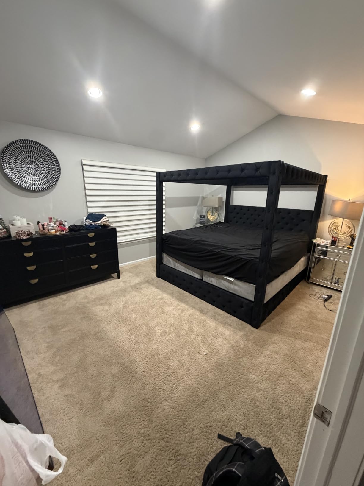 Jocisland King Canopy Bed Frame Velvet Upholstered Headboard, Black | 74.8
