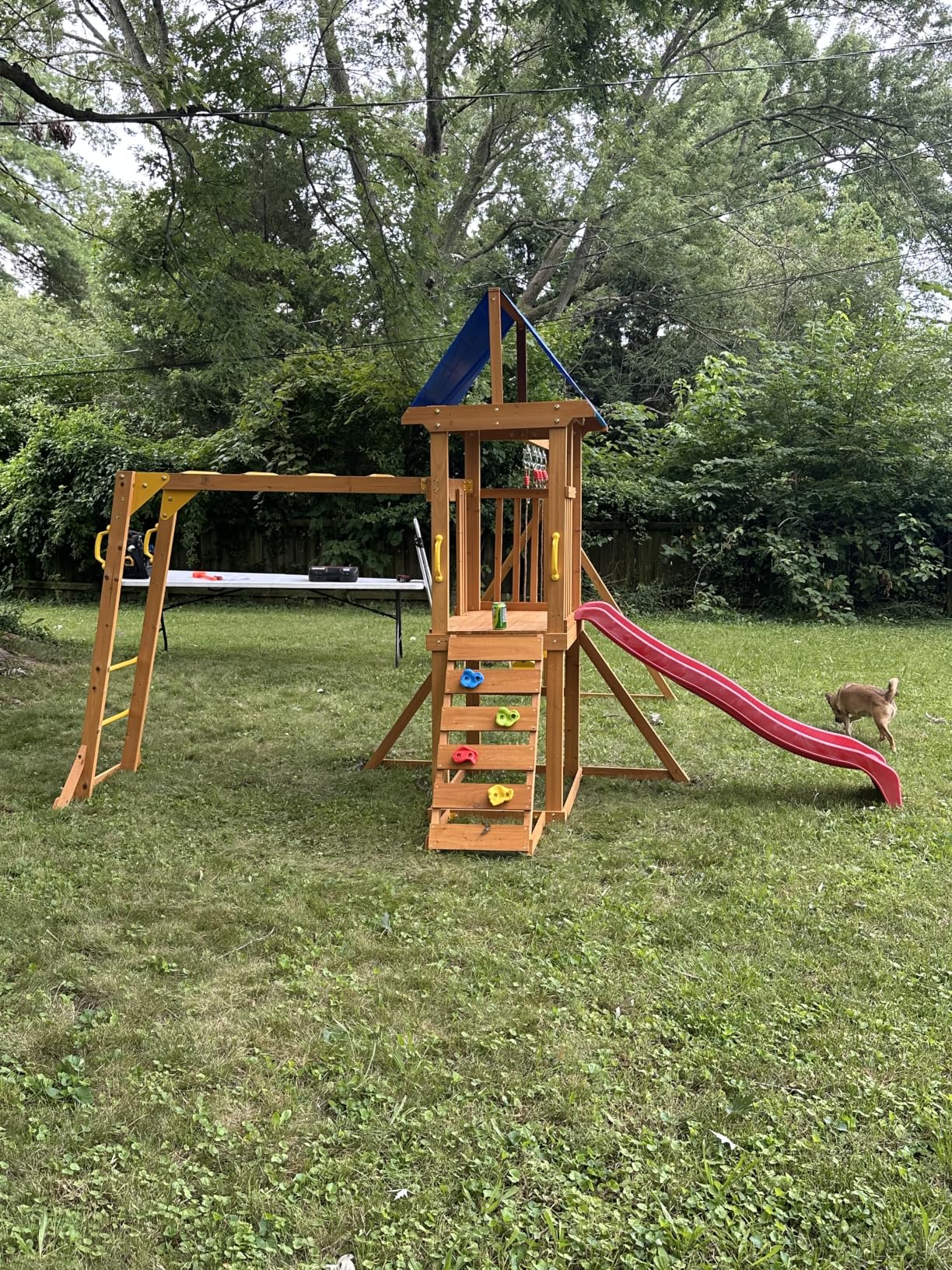 SUNIBOXI Wooden Swing Sets for Backyard, Kids Outdoor Playground Set with Monkey Bars, Wave Slide, 2 Belt Swings, Climbing Ladder, Rock Wall, Play Deck with Canopy customer photo 1