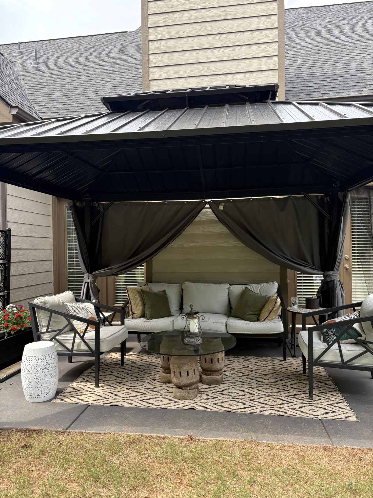 Aoxun Gazebo 10x10 Hardtop Gazebo with Double Galvanized Steel Roof, Brown | Metal Frame Outdoor Pavilion with Breathable Netting and Privacy Curtain for Backyard customer photo 1