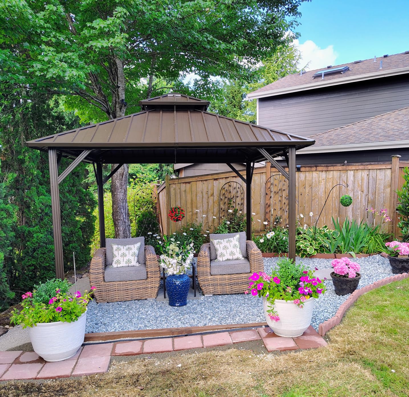 Aoxun Gazebo 10x10 Hardtop Gazebo with Double Galvanized Steel Roof, Brown | Metal Frame Outdoor Pavilion with Breathable Netting and Privacy Curtain for Backyard customer photo 2
