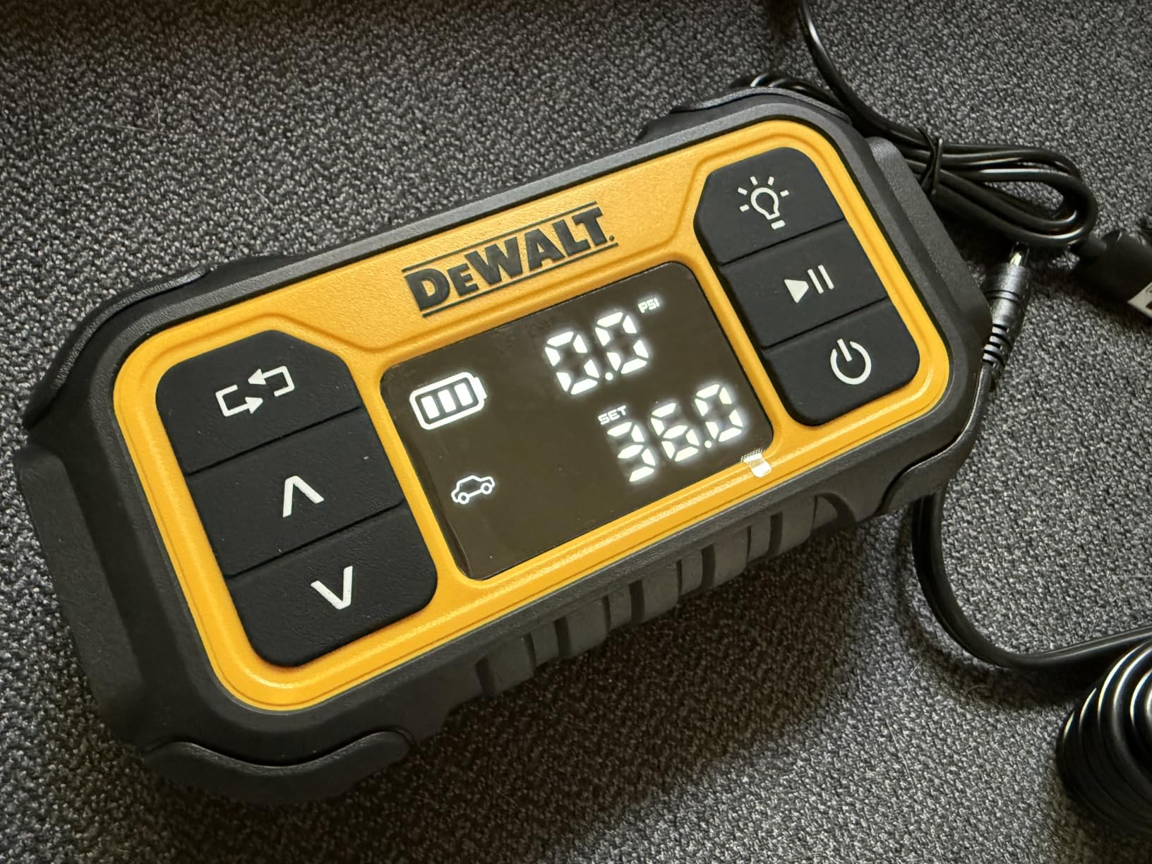 DEWALT Tire Inflator, Portable Air Compressor with Digital Pressure Gauge & Auto Shut Off, 150 PSI 12V DC Corded & Battery Powered Car Tire Pump with LED Light for Car, Motorcycle, Bike, Sports Balls customer photo 1