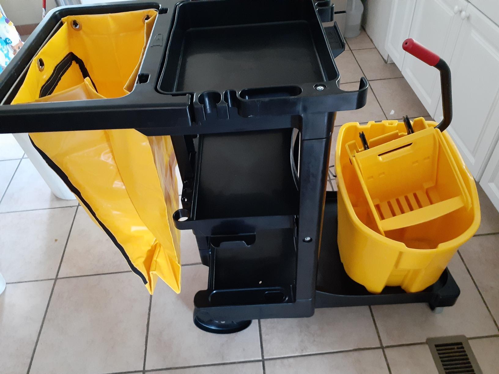 Rubbermaid Commercial Traditional Janitorial 3-Shelf Cleaning Cart, Wheeled with Zippered Yellow Vinyl Bag, for Business/School/Office/Janatorial Cleaning customer photo 1