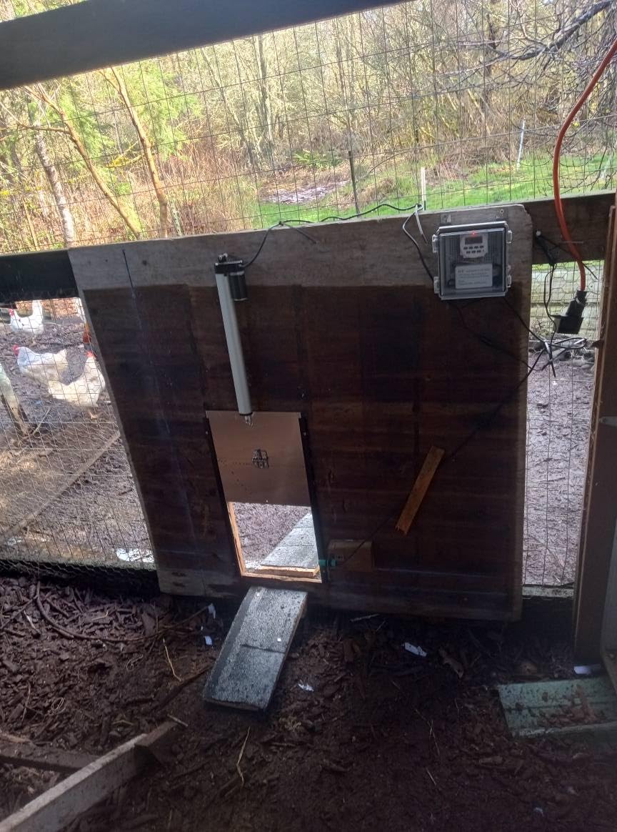 JVR Automatic Chicken Coop Door, Timer, Anti-Pinch, Aluminum Predator Proof | Programmable LCD timer, screw-rod actuator locks like a deadbolt, 11 x 12 in opening, weatherproof 13F to 140F, outage memory customer photo 1