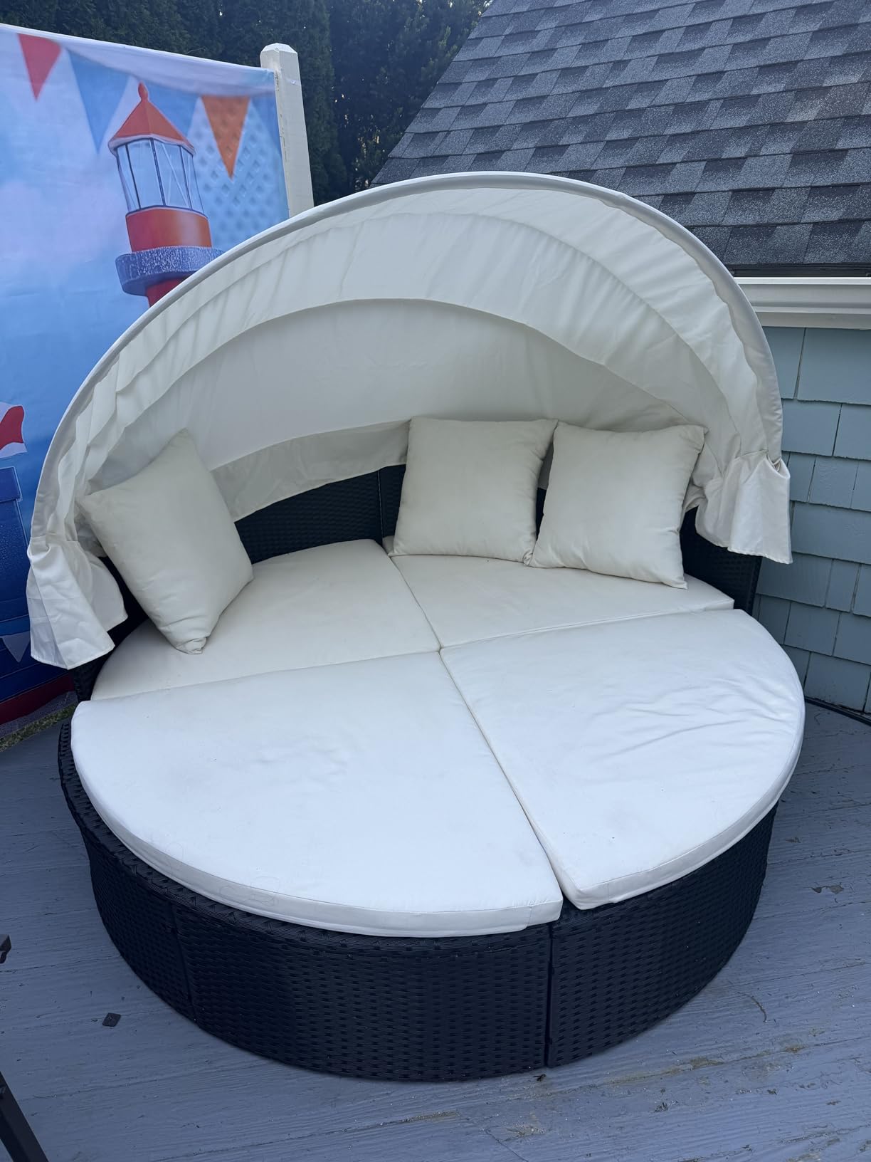 Devoko Patio Furniture Outdoor Round Daybed, Sectional Sofa with Retractable Canopy Wicker Rattan Separated Seating for Patio Lawn Garden Backyard Porch customer photo 2