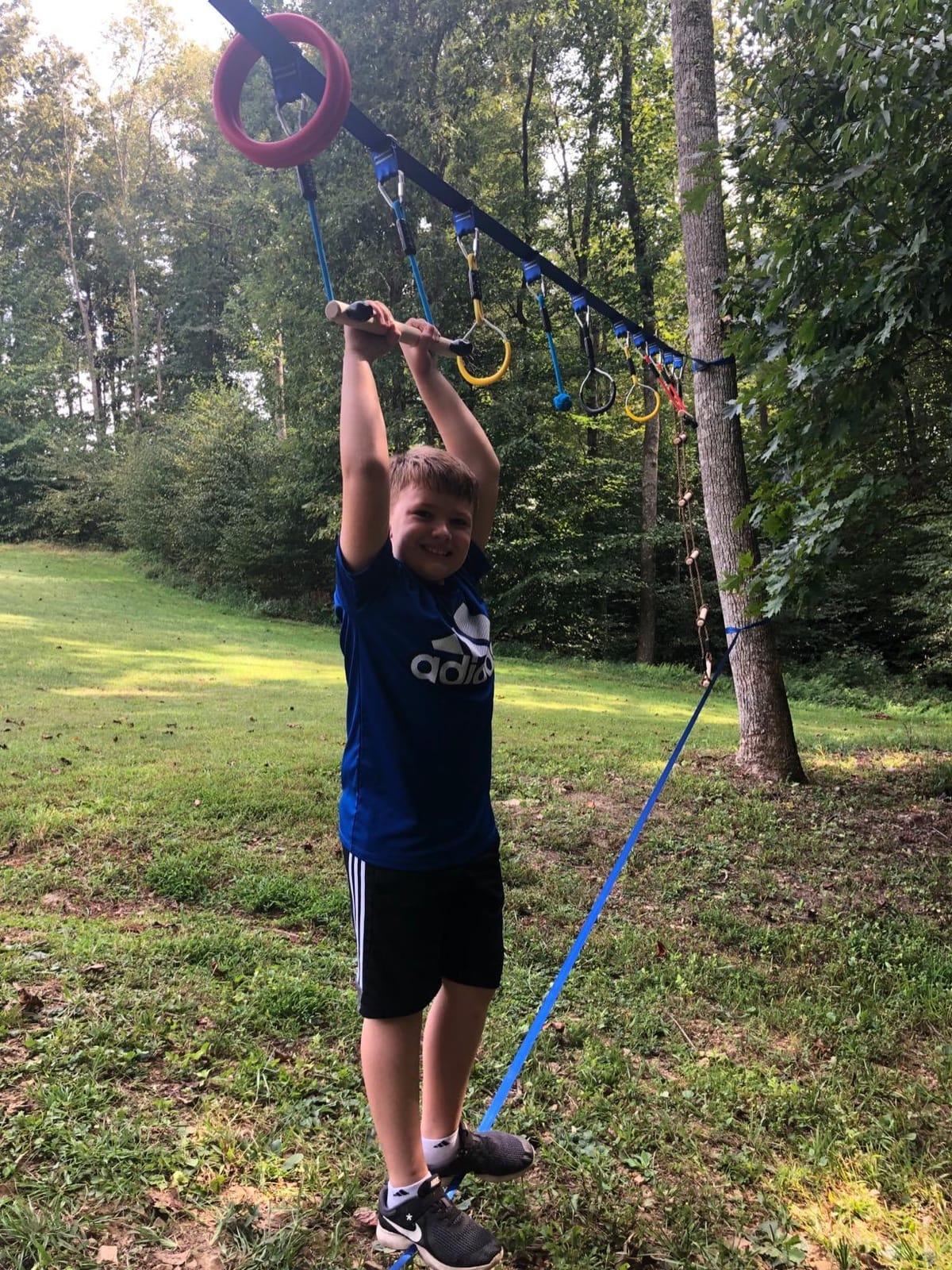 Ninja Warrior Obstacle Course for Kids,2×56ft Slackline Kit with 8 Ninja Accessories+Fast-Setup Buckles- Monkey Bar,Rope Ladder,Gymnastic Ring,Arm Trainer and Monkey Fist,Supports 880 lbs customer photo 2