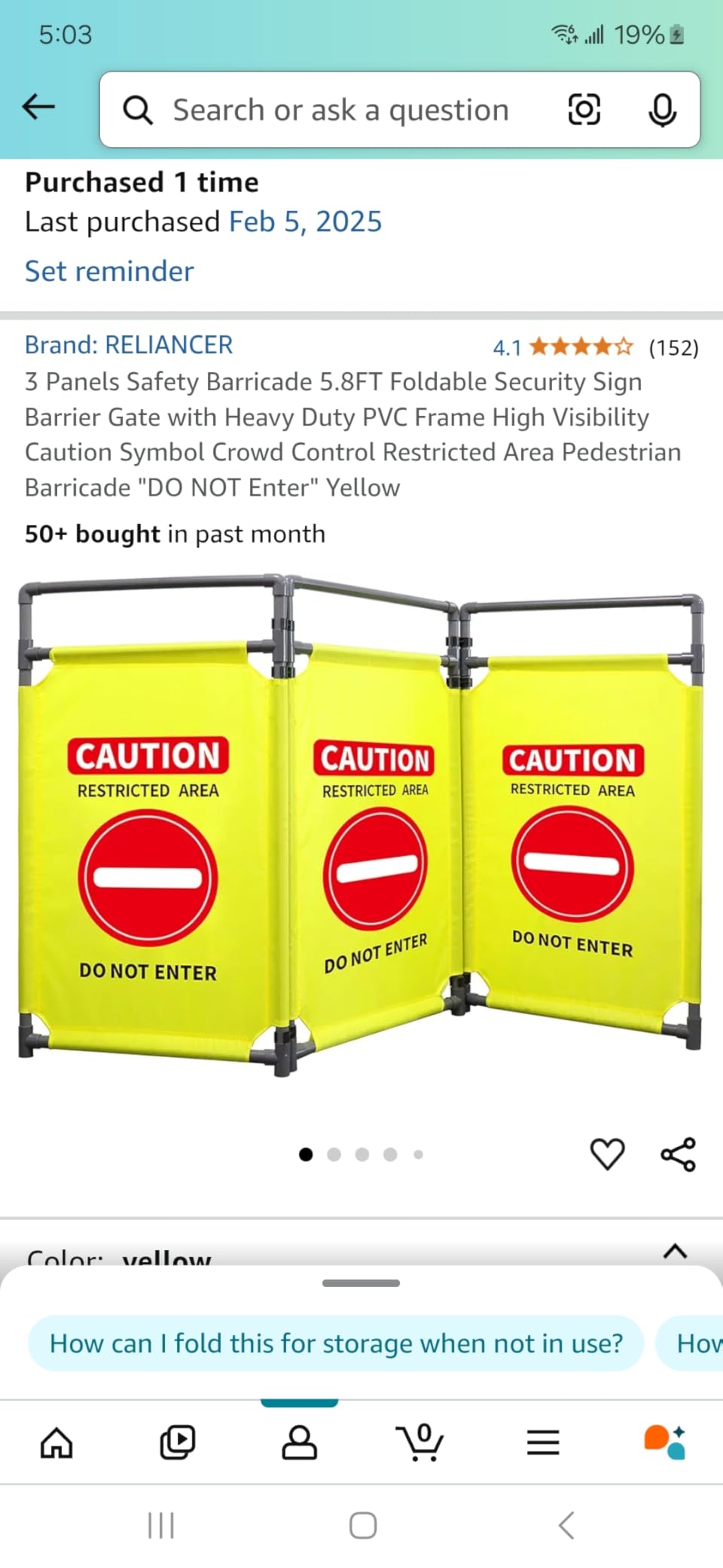 RELIANCER 3-Panel Safety Barricade,5.8FT Foldable Security Sign Barrier Gate,Safety Warning Barricade Fence,Traffic Barricades,Outdoor Crowd Control Barriers,Hazardous Area Driveway Isolation Gate customer photo 1