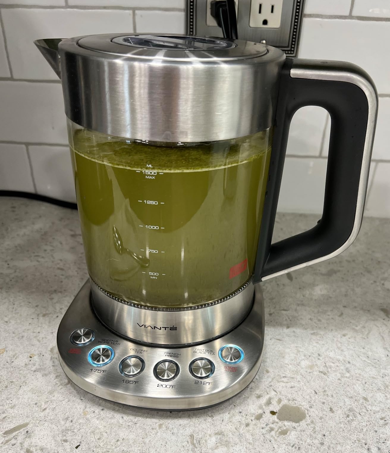 Viante Alba Electric Tea Kettle With Infuser, No Plastic, 1.5L | Borosilicate glass & 304 stainless steel construction. 4 temp presets, keep-warm, cordless, auto shut-off customer photo 1
