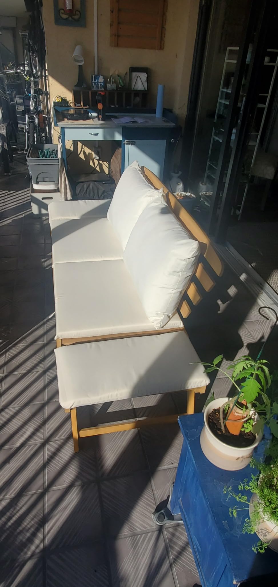 Tangkula Convertible Acacia Wood Patio Couch Sofa Bed with Adjustable Armrest, Outdoor Daybed with Cushion & Pillows, Outside Folding Futon Sofa Couch Bench for Porch, Courtyard, Poolside & Garden customer photo 2